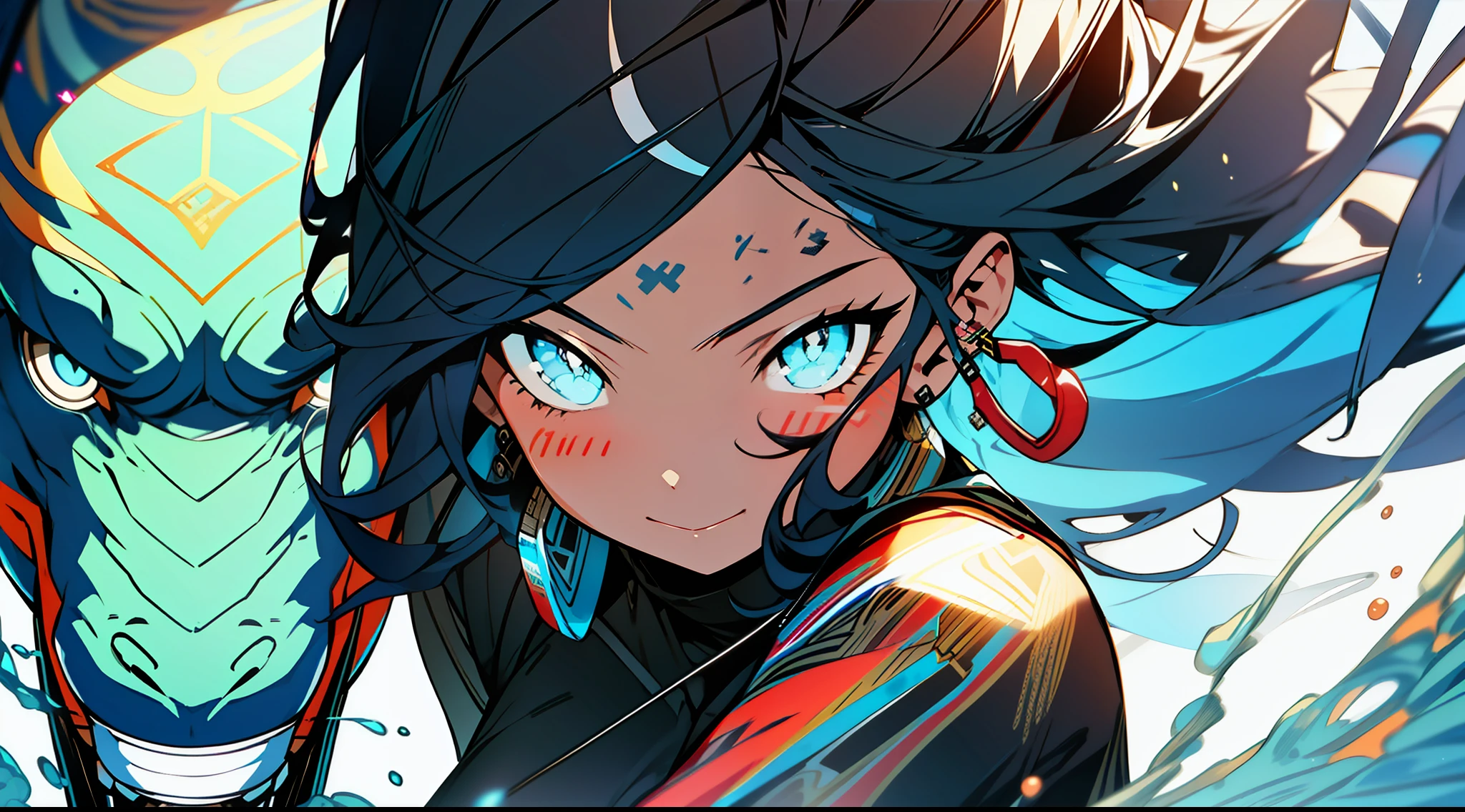 3girls, excellent lighting, sidelighting, (curvy: 1.2), vhsKeeper, background, mixed-language_text, Japanese graffiti letters, GUILTY GEAR -STRIVE style perfect(flat color: 1.3), (magazine_cover: 1.4), (multicolored_background: 1.3), striped_background, card_background, mixed-language_text, :: comix style by joe madureira :: , perfect and detailed, ultra detailed shirt with abstract design, with Japanese graffit letter print on the sides of the dress,  image of full-body women fighting alongside you with powerful dragons versus alien creature full of tentacles, with immersive effects, hover effect, background graffiti style tribal tattoo with vibrant colors "ultra hdr" detailed and with focus effect, (masterpiece: 1.2, best quality), (beautiful eyes finely detailed: 1.2), , ((Solo)), (Blue eyes:1.4), (Finely detailed eyes and detailed face with long eyelashes:1.3),  in various full-body attack poses, (beautiful and clear background: 1.2),futuristic costume, super detailed circular metals Clinging to the arms and pants, fantastic paintings