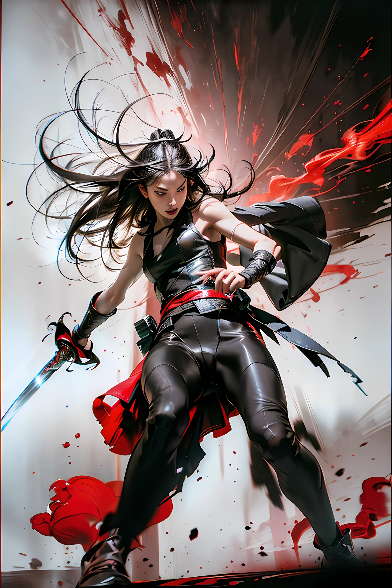 (RAW photo, best quality), (realistic, photorealistic: 1.3), extremely delicate and beautiful, amazing, small detail, masterpiece, ultra-detailed, high resolution, (best illustration), (best shadow), intricate, (male: 1.4), armor, sword, long hair, black hair, holding gun, blood, sword. (dynamic pose), holding, armguards, blood on the gun, tabi, floating hair, full body, costume, brushstrokes, explosions, overexposure, ((watercolor painting by John Berkey and Jeremy Mann)) brushstrokes, negative space, splash of red paint, in the style of bold urban realism, violent and savage works of art with a satirical edge, intense energy (mist: 1.4), sharp focus, volumetric fog,  8k UHD, DSLR, high quality (film grain: 1.4), Fujifilm XT3, black and red printing background tones, motion blur, upper body