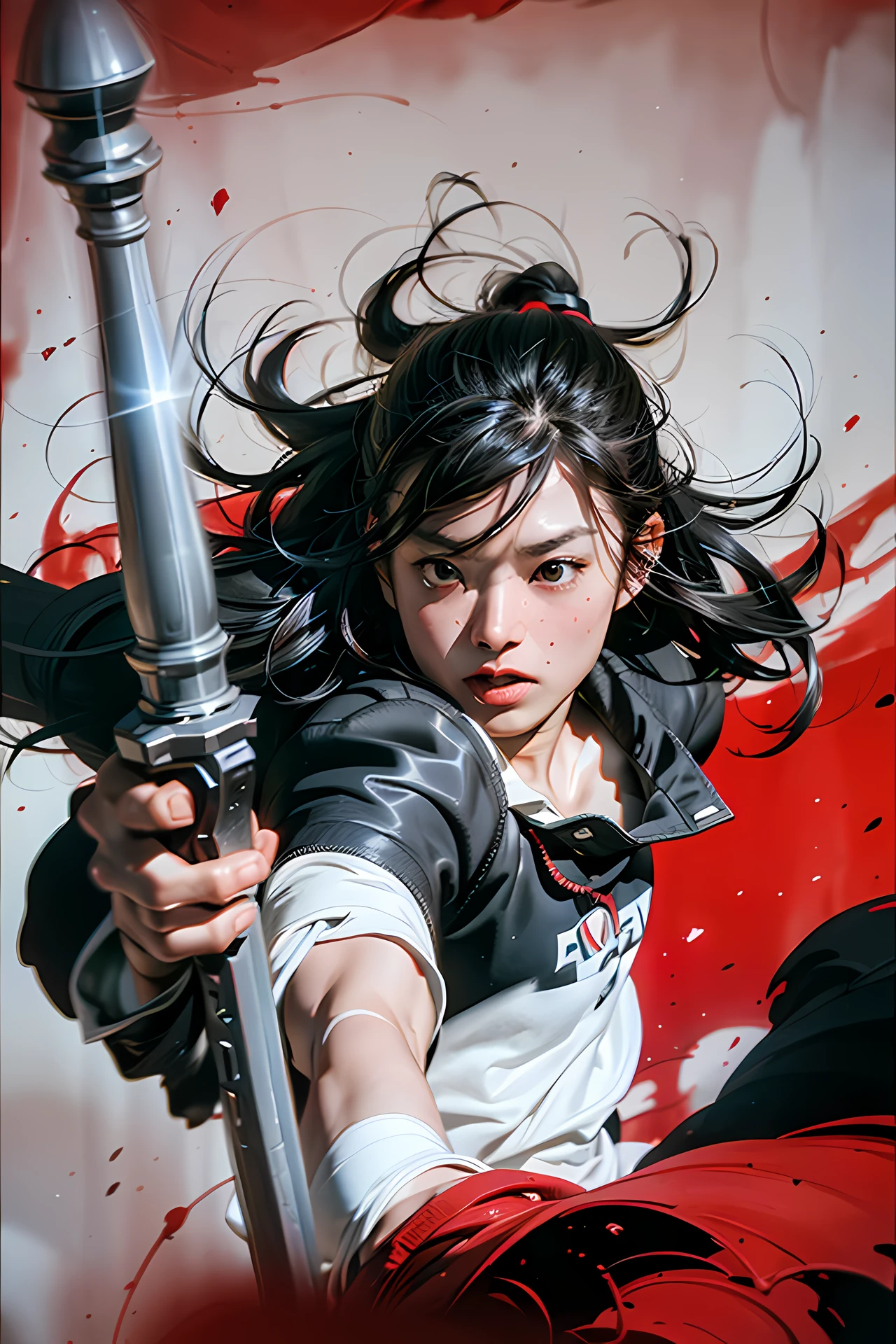 (RAW photo, best quality), (realistic, photorealistic: 1.3), extremely delicate and beautiful, amazing, small detail, masterpiece, ultra-detailed, high resolution, (best illustration), (best shadow), intricate, (male: 1.4), armor, sword, long hair, black hair, holding gun, blood, sword. (dynamic pose), holding, armguards, blood on the gun, tabi, floating hair, full body, costume, brushstrokes, explosions, overexposure, ((watercolor painting by John Berkey and Jeremy Mann)) brushstrokes, negative space, splash of red paint, in the style of bold urban realism, violent and savage works of art with a satirical edge, intense energy (mist: 1.4), sharp focus, volumetric fog,  8k UHD, DSLR, high quality (film grain: 1.4), Fujifilm XT3, black and red printing background tones, motion blur, upper body