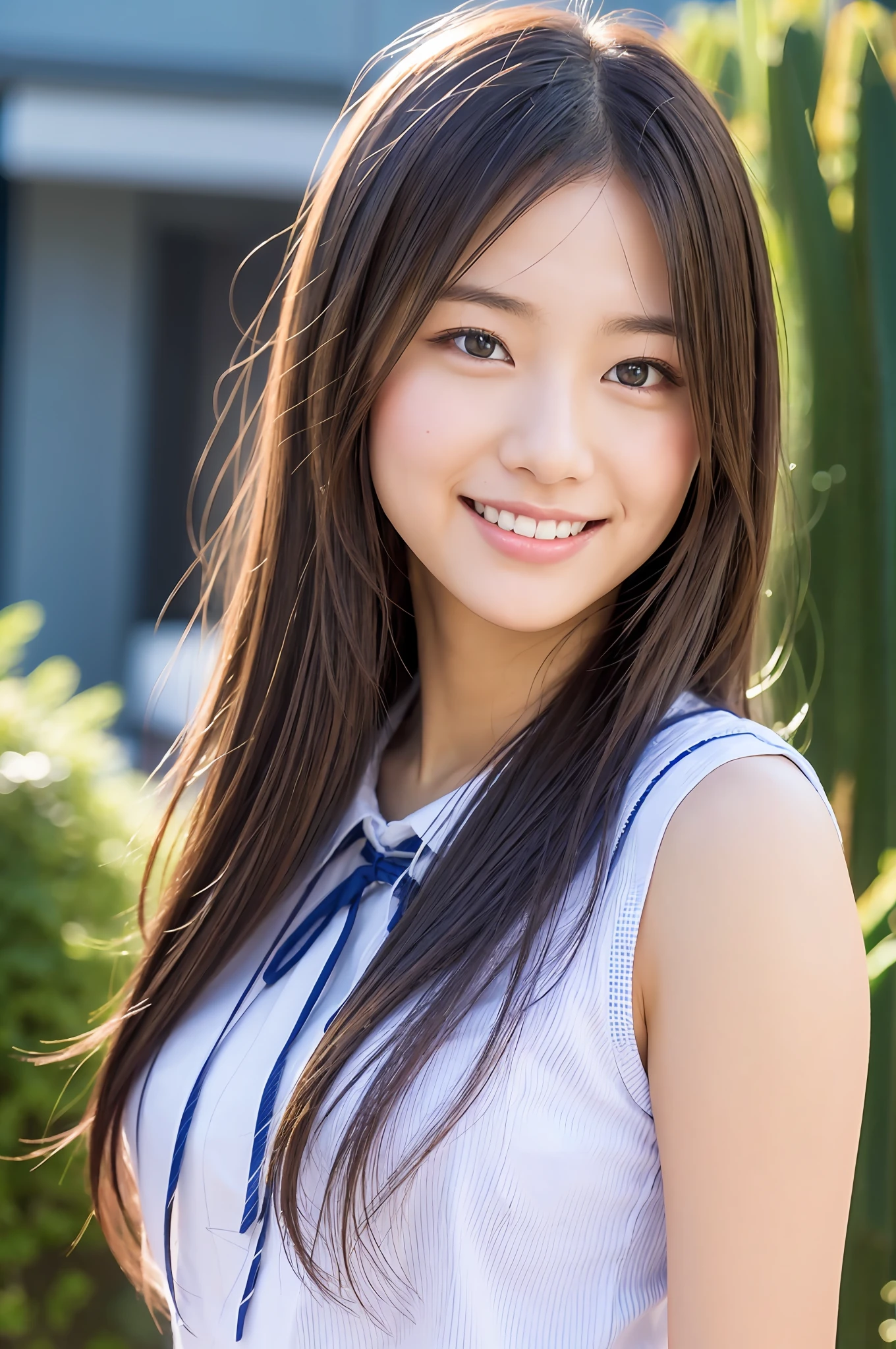 Japan schoolgirl, 8K, LAW photo, top quality, masterpiece, realistic, photorealistic super detail, one girl, cute, best smile, beautiful eyes, long hair, perfect facial features,