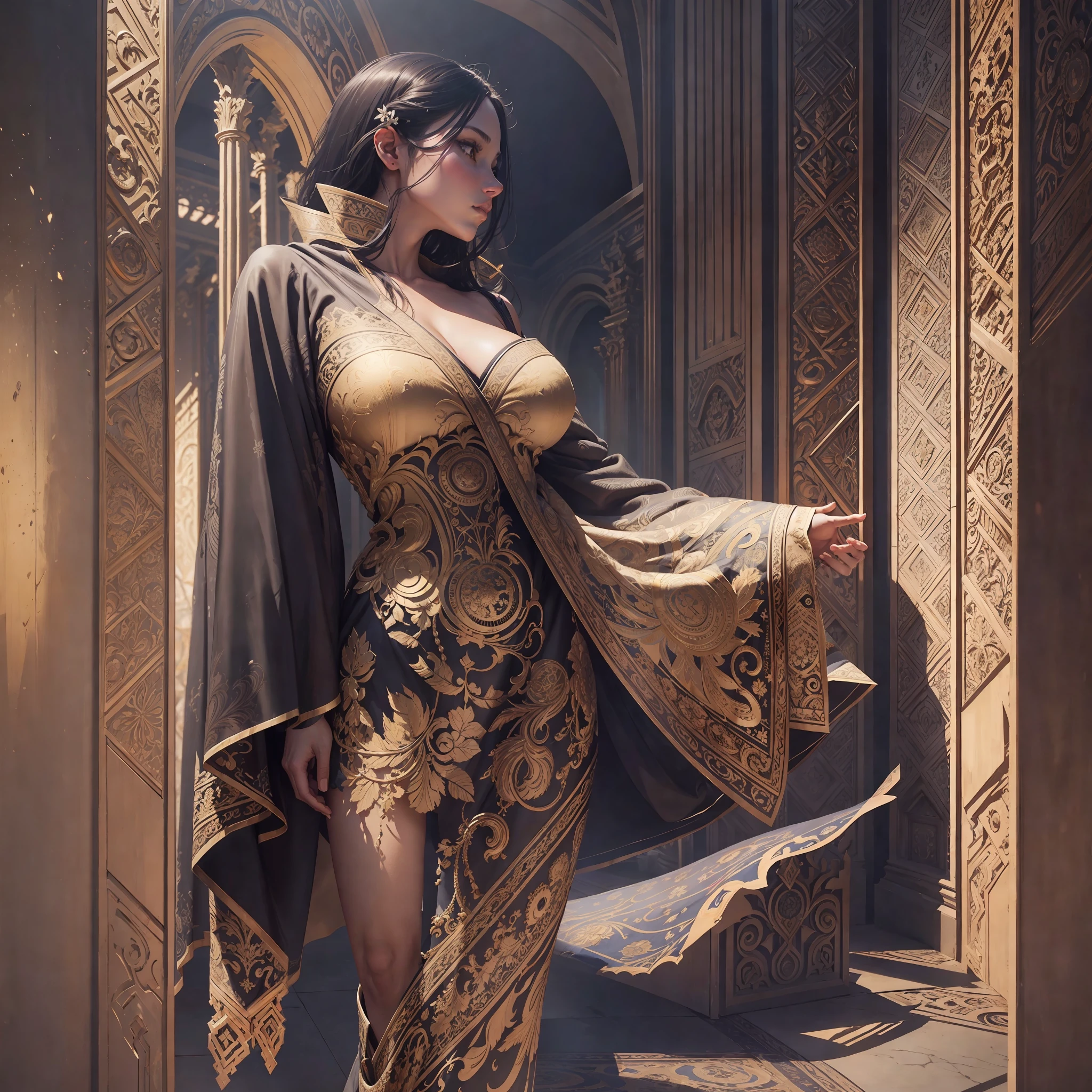 young intricate woman in royal palace, art by Richard S. Johnson, wide angle lens f/2.8, ultra insane high resolution intricate textures, texture indentation, perfect perspective, perfect geometry, ultra insane ambient lighting, ultra insane ambient shadows, luminism, ultra detailed busy background, tessellation, maximalism, perfectionism, IPA Award wining masterpiece,