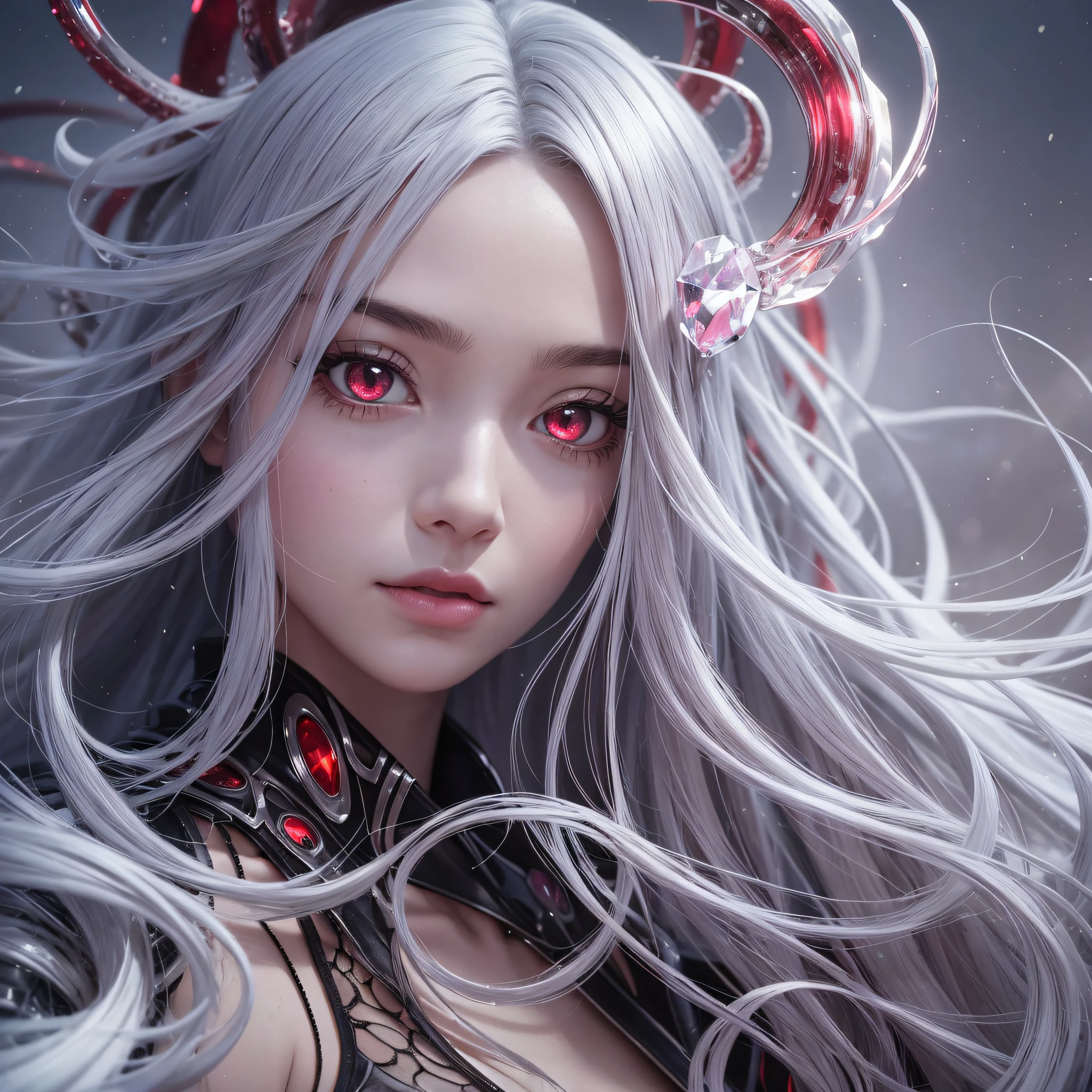 crystal hair, tentacle hair, red eyes, Surrealism, high detail, Minimalism, reflection light, from outside, Sony FE GM, Nikon, anatomically correct, textured skin, super detail, high details, high quality, award winning, best quality, highres, 4K, 8k, 16k, UHD, retina, masterpiece, ccurate --auto --s2