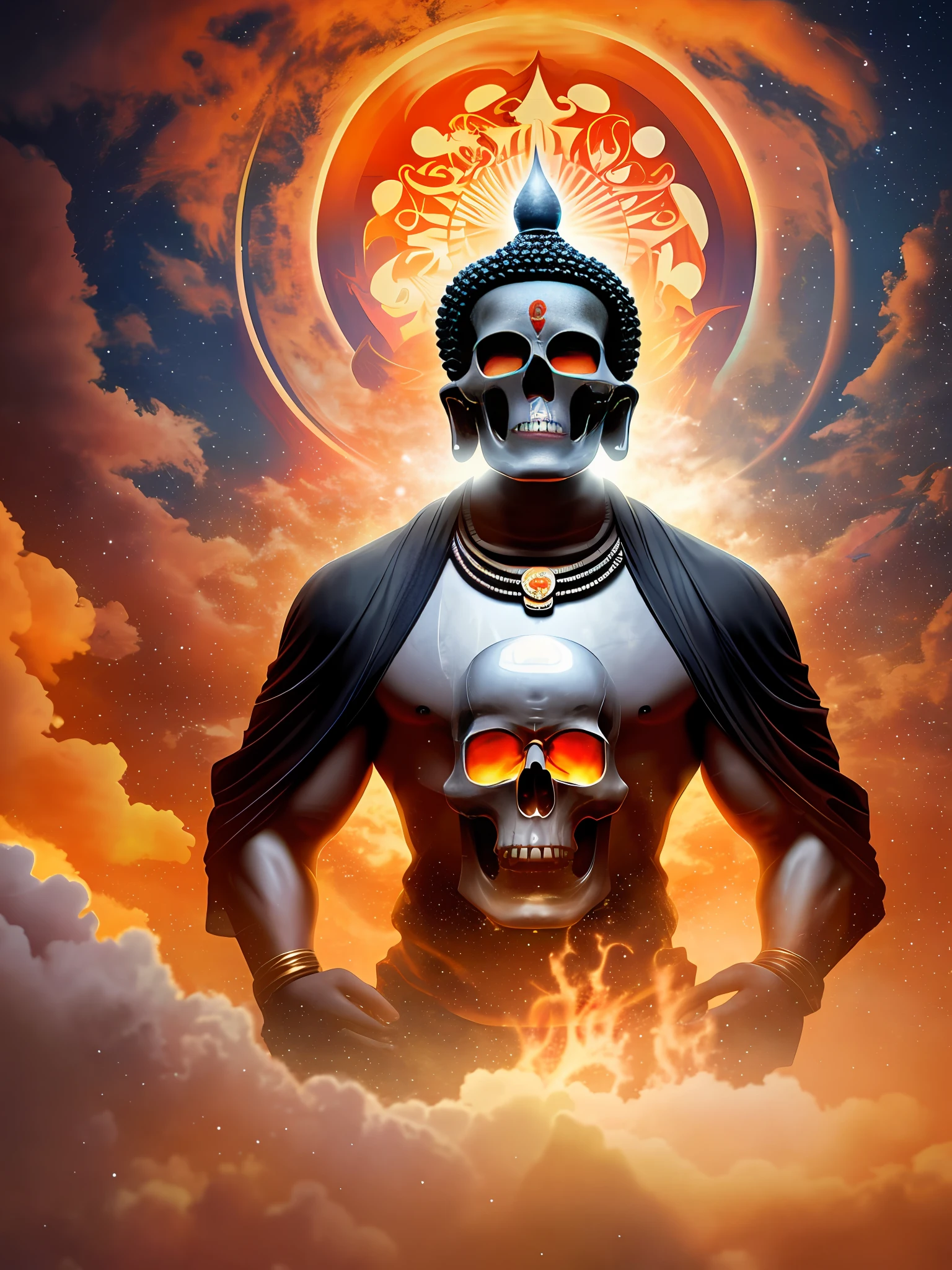 Surreal Buddhist painting, on a skull sits a big monk in a monk's robe, colorful sunlight in a large dark cloud, mysterious power, upward shooting composition, shocking Buddhist art painting, high quality, HD 8K