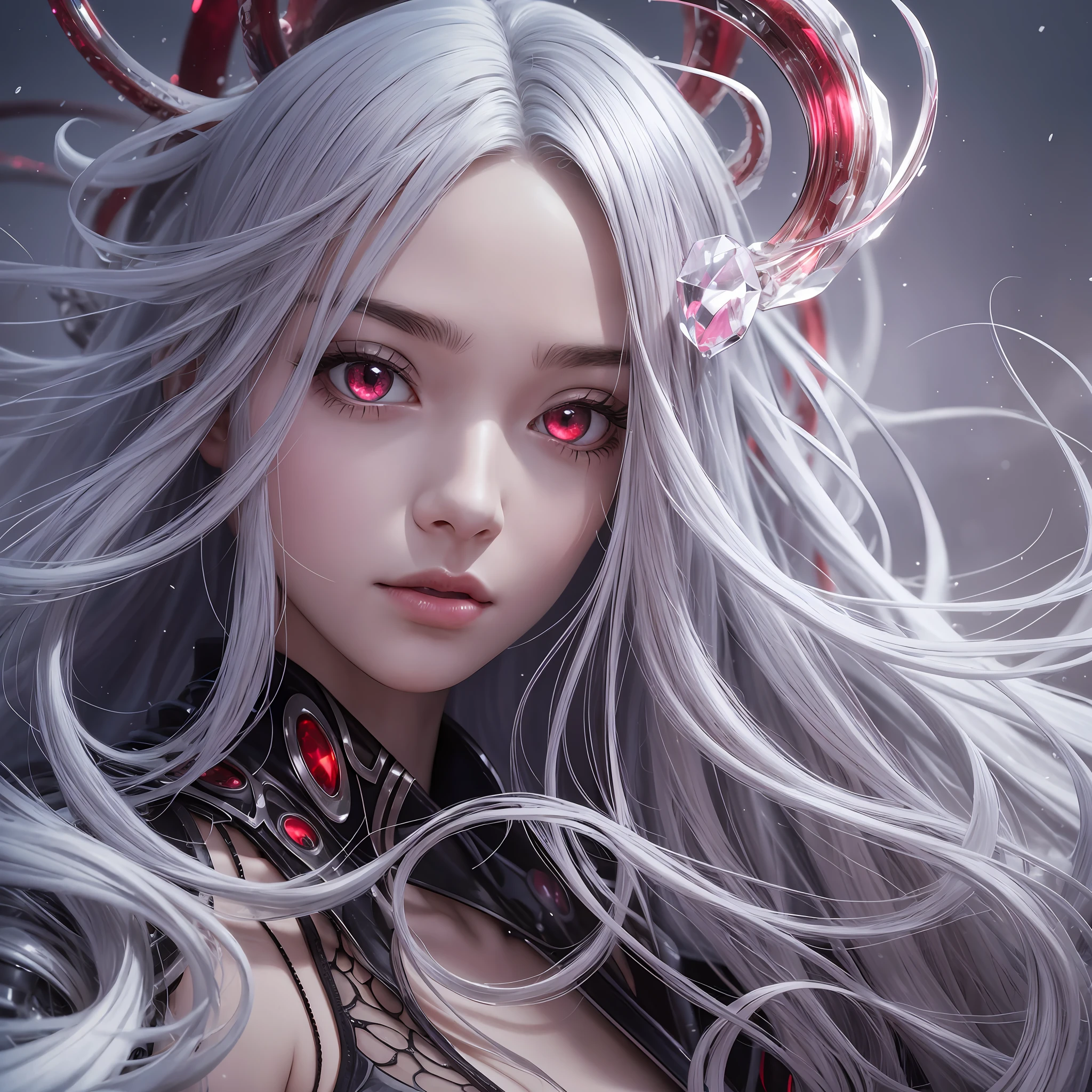 crystal hair, tentacle hair, red eyes, Surrealism, high detail, Minimalism, reflection light, from outside, Sony FE GM, Nikon, anatomically correct, textured skin, super detail, high details, high quality, award winning, best quality, highres, 4K, 8k, 16k, UHD, retina, masterpiece, ccurate --auto --s2