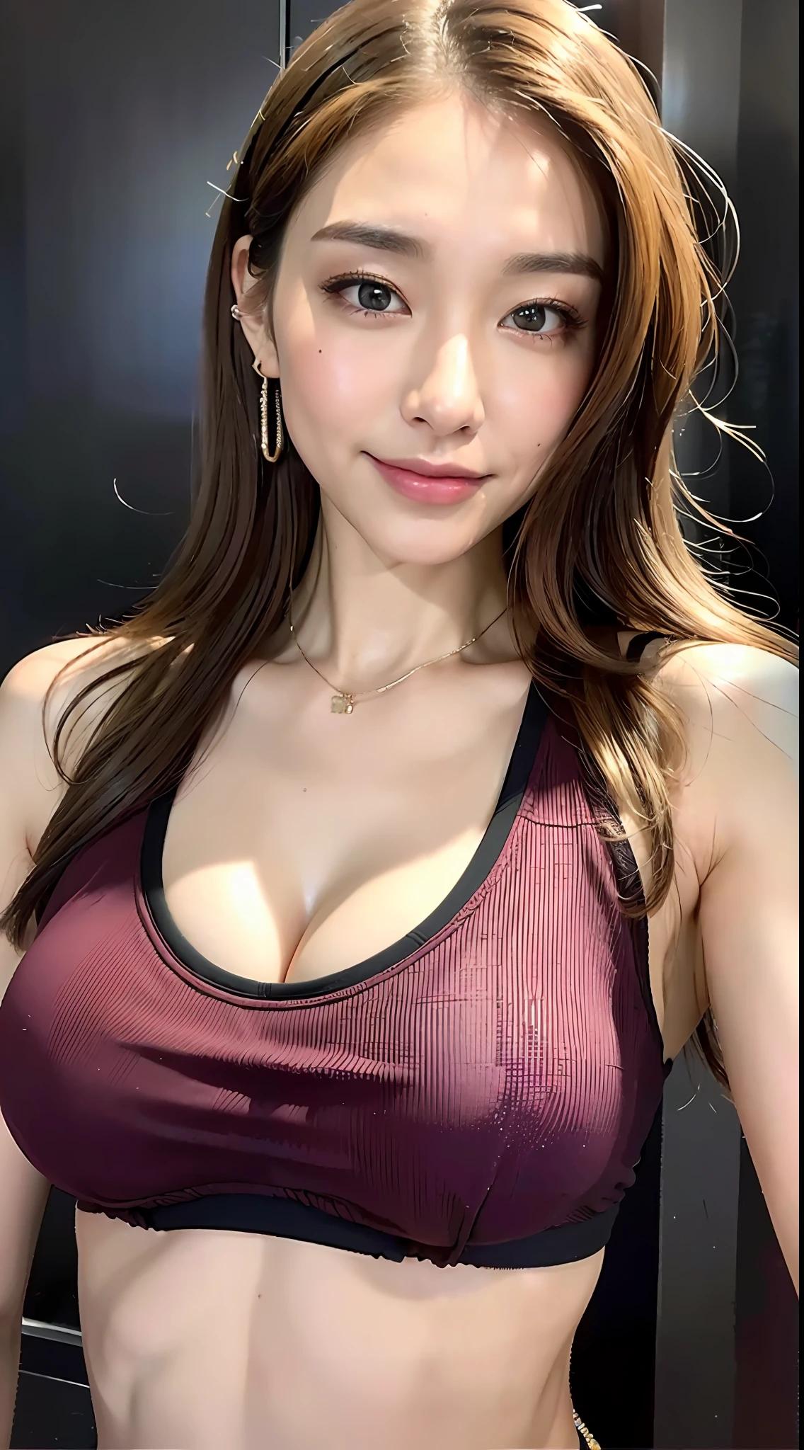 ((top quality, 8k, masterpiece: 1.3)), 1 girl, beauty with accentuated slim abs: 1.3, (casual hairstyle, big: 1.2), gym, workout wear: 1.2, super detailed face, delicate eyes, double eyelids, soft breasts, smile, exposed cleavage