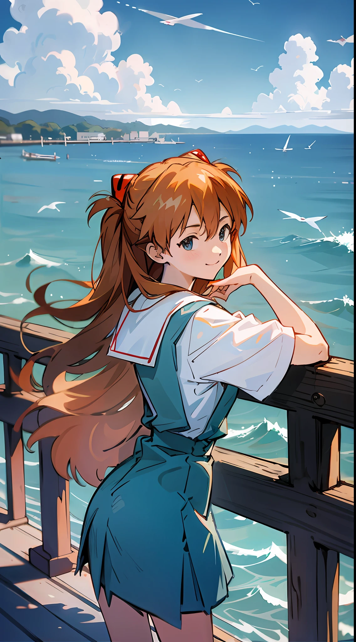 Asuka, 1 girl, pier, school uniform, more details, fresh style, ocean, blue sky, white cloud, seagull, 8k, best quality, hayao miyazaki style, smile happily,
