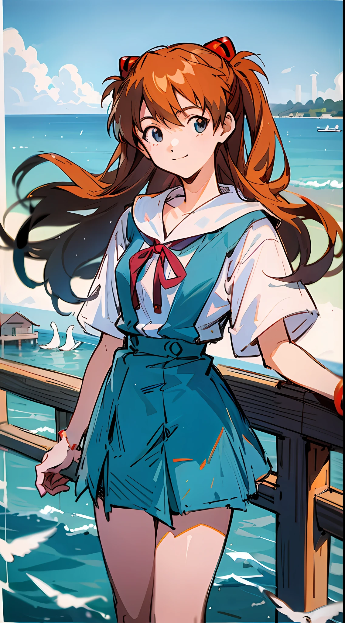 Asuka, 1 girl, pier, school uniform, more details, fresh style, ocean, blue sky, white cloud, seagull, 8k, best quality, hayao miyazaki style, smile happily,