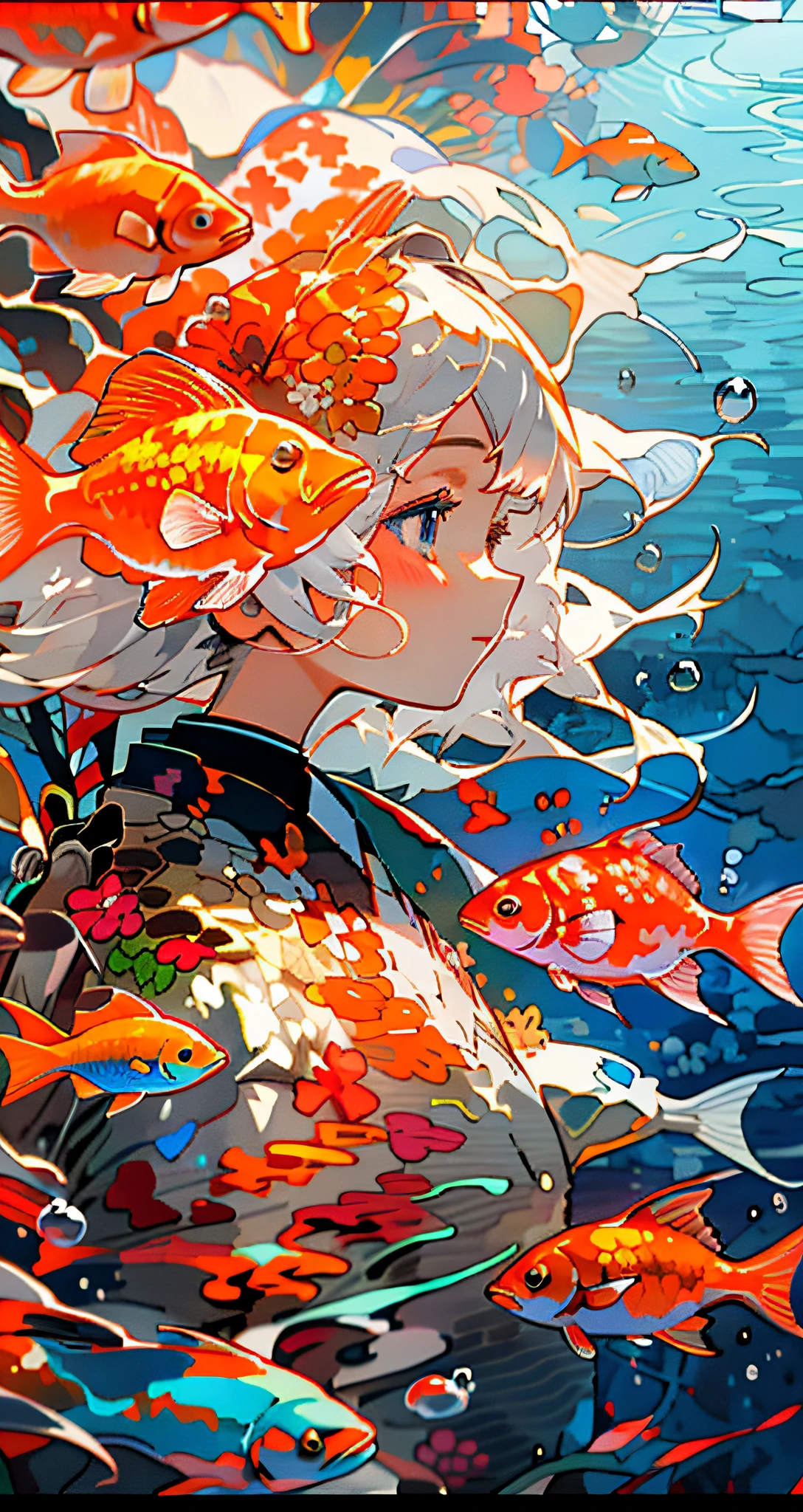 1girl, fish, goldfish, solo, blue eyes, bag, japanese clothes, kimono, profile, upper body, white hair, from side, backpack, letterboxed, bubble, red kimono, hair ornament, bangs, floral print, blush, underwater