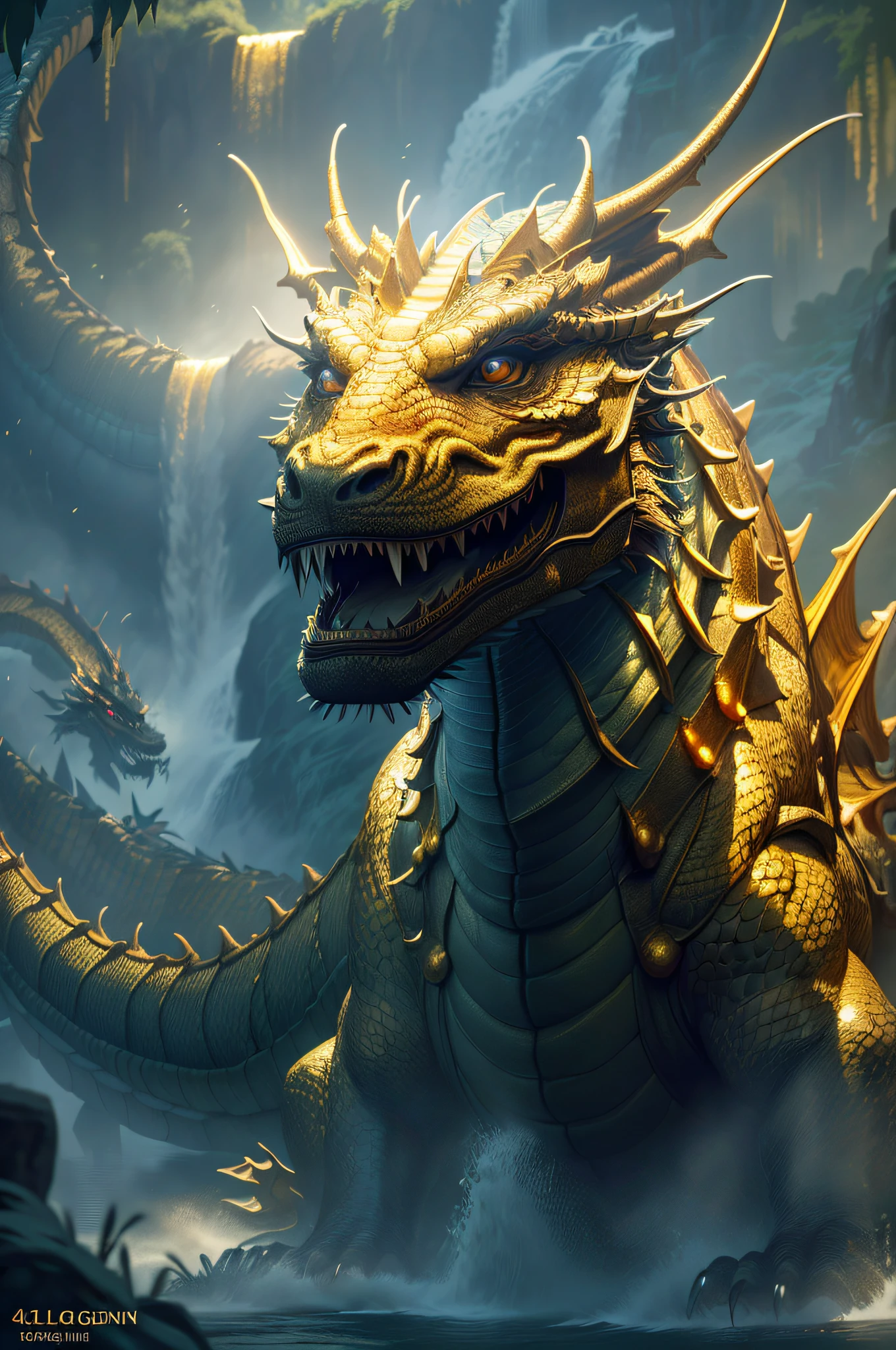 Masterpiece, top quality, Chinese fairy, 1 girl \ (Loli \) and ((Golden Dragon 1)))), Chinese dragon pan, pan, dark gray background, glaring at girl, (((super detail)), 4K unity, (highly detailed CG: 1.2), (8k: 1.1), high resolution), (illustration: 1.1), (cinematic light: 1.1), fine-grained, intricate detail, ( best illustration), 8K resolution, intricate detail, highest quality, sense of realism, ultra detail, best illumination, best shadow, UltraHD, Cryengine, detailed reflections, detailed shadows, (Complex Detail))), Smooth, (((Perfect Shading)), High Quality Metal Texture, Metallic Gloss, Highly Detailed Illustrations, ( Semi-realistic: 1.6), (Wide shot: 1.2), (from below, Dutch angle), (Beautiful eyes in detail: 1.1), (Lifelike body: 1.2), viewer watch, ((Golden Giant Dragon: 1.6)), (glowing eyes\[Magic Square of Eyes [yellow]), silvery long hair, hairs between eyes, Sigma 135mm lens, (giant waterfall background)