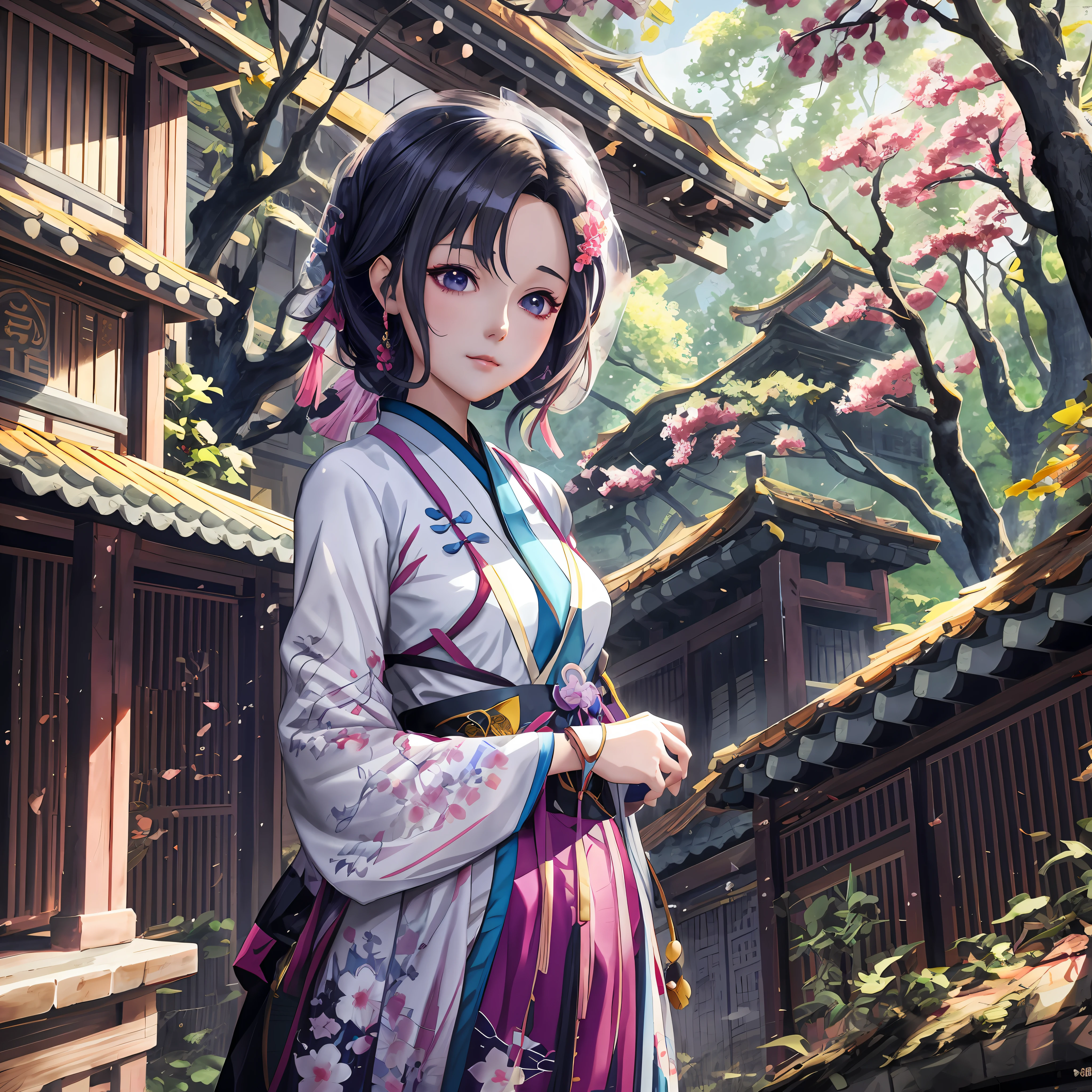 anime girl in a traditional dress standing in front of a building, palace ， a girl in hanfu, artwork in the style of guweiz, beautiful anime portrait, smooth anime cg art, anime style 4 k, digital anime illustration, beautiful character painting, 2. 5 d cgi anime fantasy artwork, anime styled digital art, realistic anime 3 d style