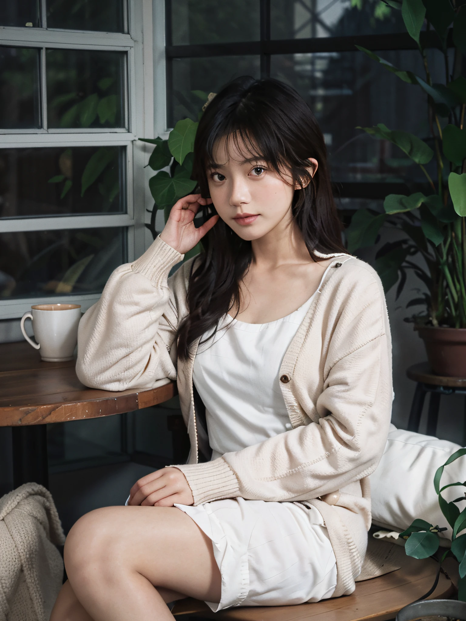 portrait photograph, RAW photo, evening, sunset, raining, hyper photorealistic, plunginge neckline, cleavage, (1girl, innocent face, dressed in an elegant chic patterned dress, wear a s light cardigan, fashionable sneakers),
blonde, red streaked hair, multicolored hair, pillows, shiny skin,
sitting on comfy wooden chair, a steaming cup of aromatic coffee, Cozy coffee shop on a rainy afternoon, with a rustic theme and warm ambiance, sitting close to window, gazing through window, raindrops on window, looking away, looking outside,
Soft jazz music fills the air, creating a soothing atmosphere,,
highly detailed, best quality, ultra detailed, extremely detailed, taken from mobile camera, f/22, depth of field, film grain, detailed intricate iris, detailed, detailed face, (high detailed skin:1.2),