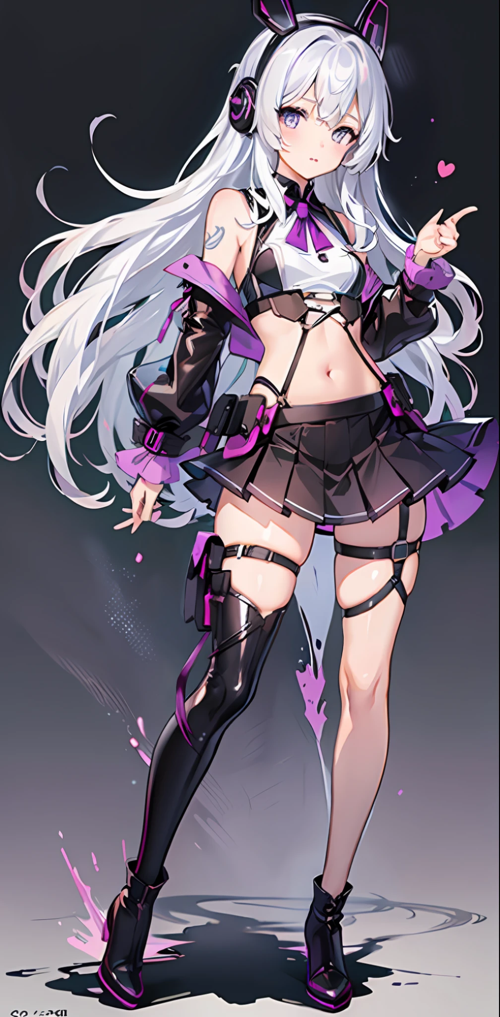 {{illustration}},{{{masterpiece}}}},{{best quality}},{{official art}},{extremely detailed CG unity 8k wallpaper}}},{{artbook}}},1girl, white hair, white purple eyes, all black clothes, long hair, dead white, tactical vest, headphones, cute face, solo , loli face, solo, illustration, navel, erotic clothing, loli face, pleated skirt, standing painting, full body, black boots, small and medium breasts, standing, dynamic pose, full body in pictures, lace-up panties, cute girly, slim figure, black silk, character setting drawing, reference sheet, tachi-e, manga cover, official art, original, sexy, good body, simple art