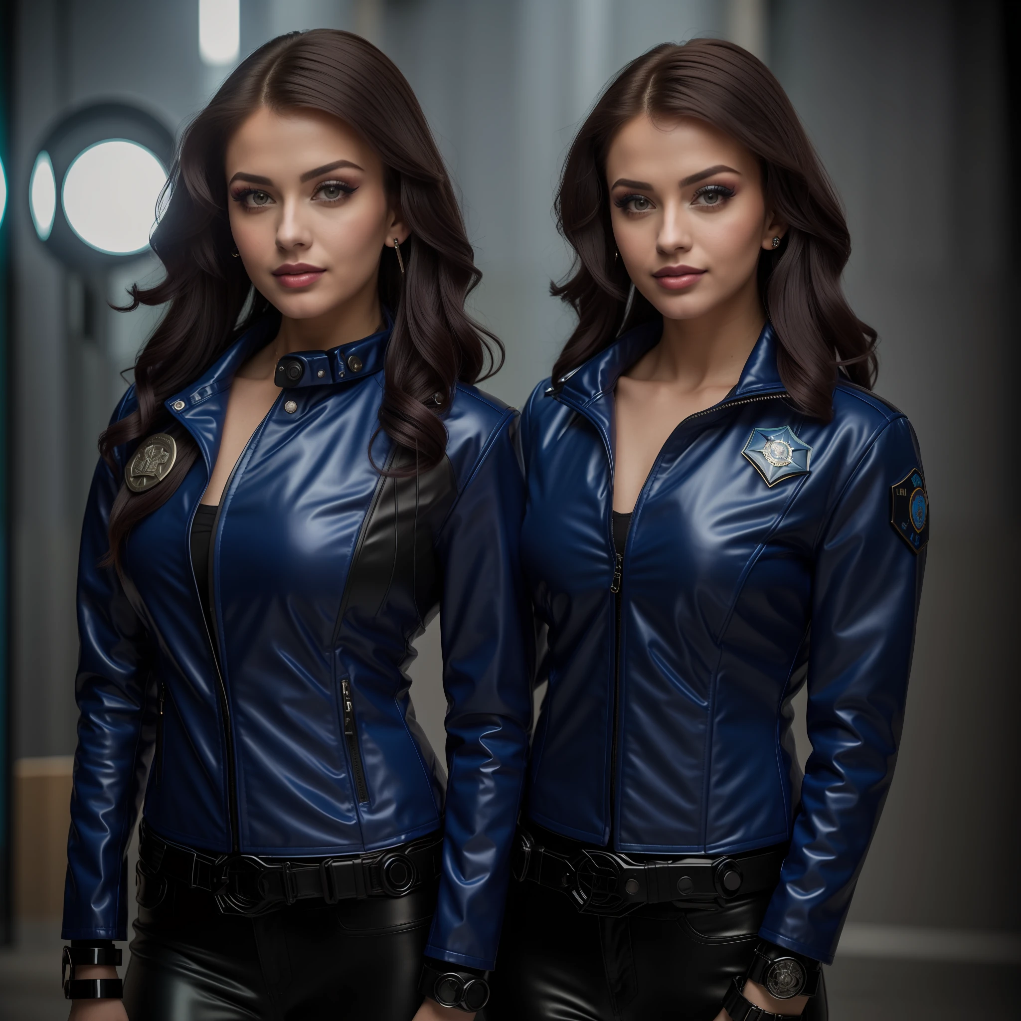 Portrait of gldot, as a beautiful female model, neckline, beautiful face, in cyberpunk city at night. She is wearing a blue latex jacket, black jeans, dramatic lighting, (police badge:1.2)