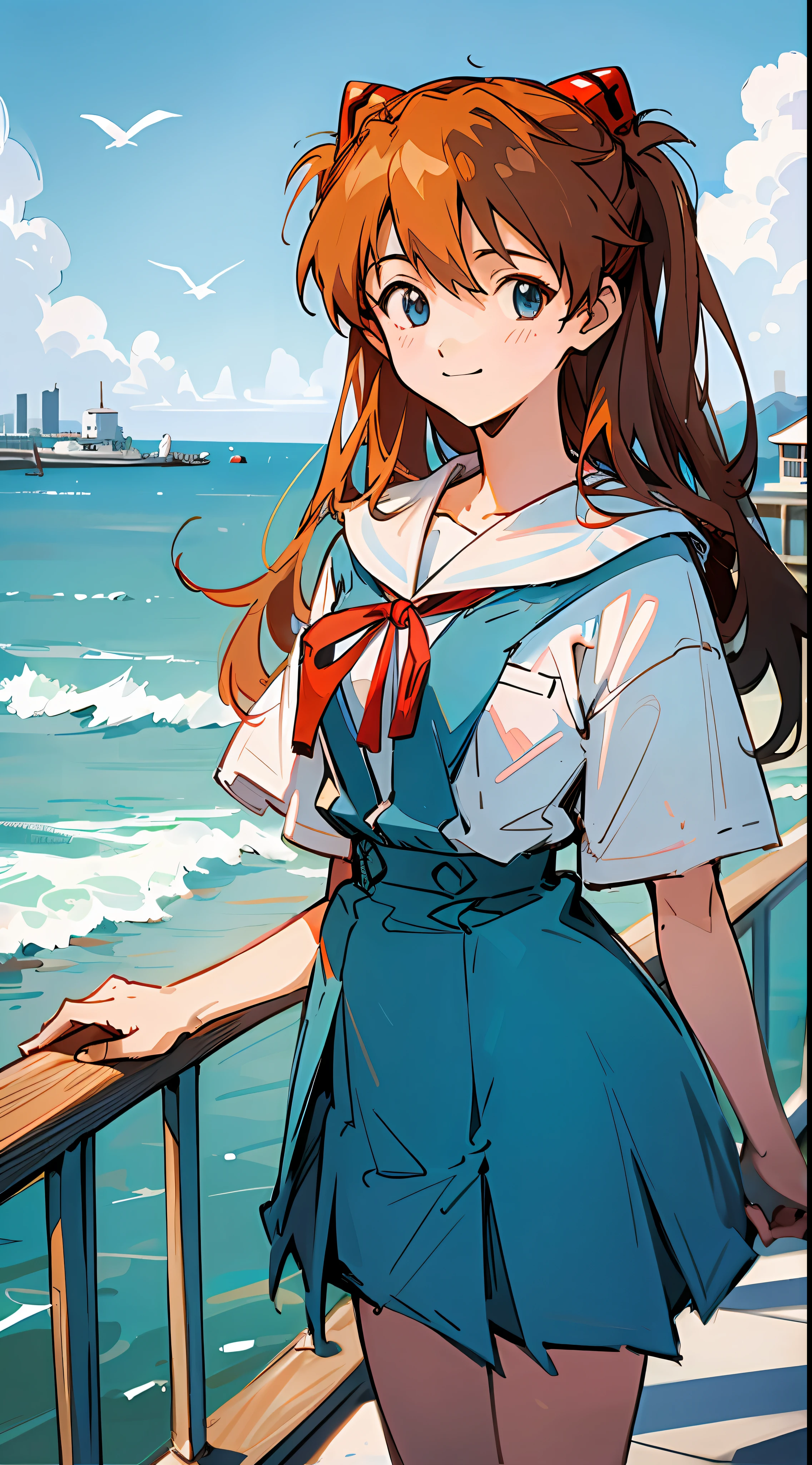 Asuka, 1 girl, pier, school uniform, more details, fresh style, ocean, blue sky, white cloud, seagull, 8k, best quality, hayao miyazaki style, smile happily,