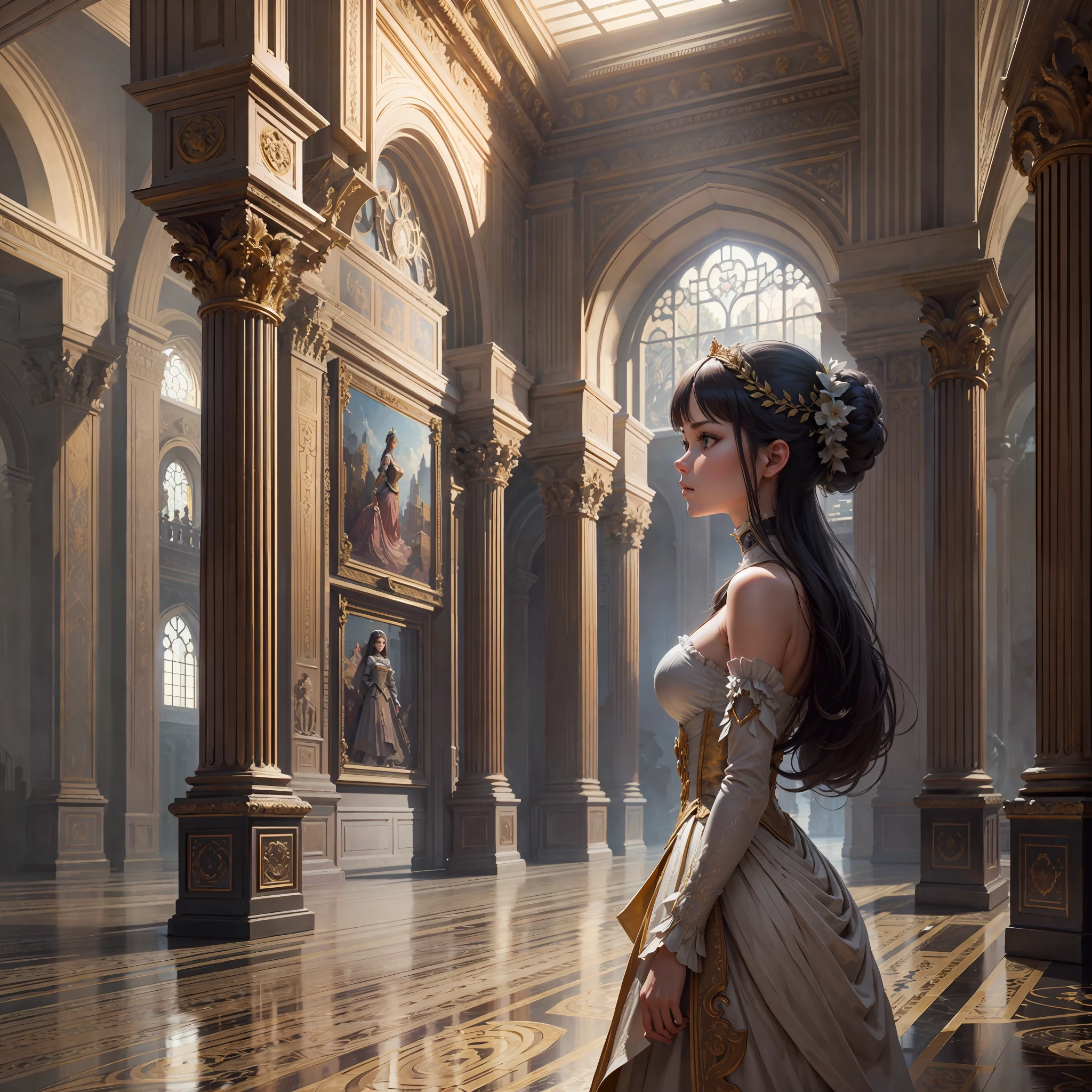 young intricate woman in royal palace, art by Alexandre Calame, wide angle lens f/2.8, ultra insane high resolution intricate textures, texture indentation, perfect perspective, perfect geometry, ultra insane ambient lighting, ultra insane ambient shadows, luminism, ultra detailed busy background, tessellation, maximalism, perfectionism, IPA Award wining masterpiece,