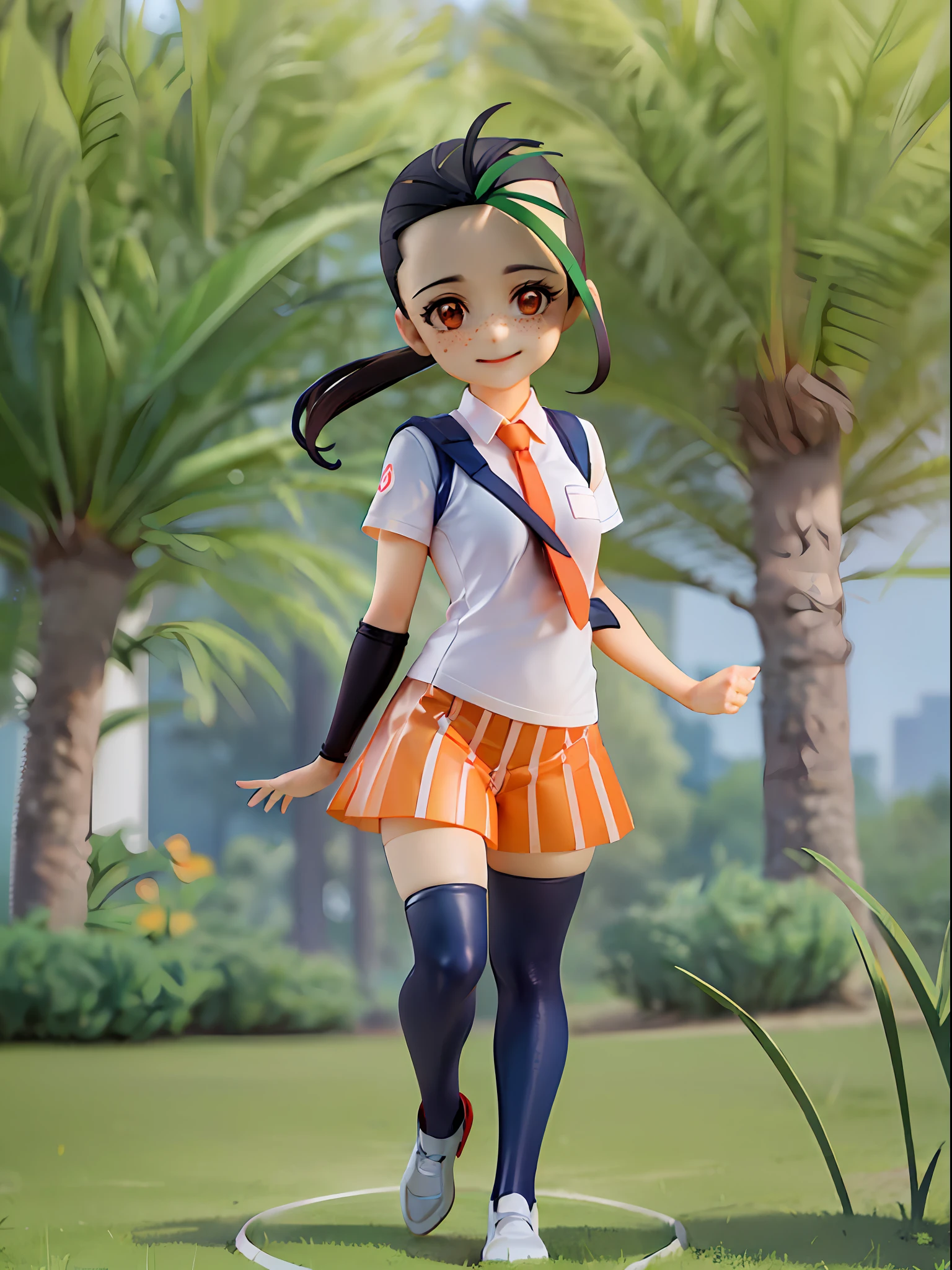 nemona \(pokemon\), white collared shirt, orange necktie, orange shorts, black pantyhose, white border, outside border, freckles, on grass,sunlight,hand up,evil smile
full body, chibi, [realistic], [3d], (3dcg), ((octane render)), smile, closed mouth,
(8k, RAW photo, best quality, masterpiece:1.2), ultra high res, (((realistic, photo-realistic))), professional lighting, detailed lighting, professional photography, dynamic angle, high quality, high res, extremely detailed, bloom
,
depth of field, sketch, sharp focus, soft lighting, good composition, god light highlight, detailed, (((photorealistic details))), detailed skin, to8contrast style