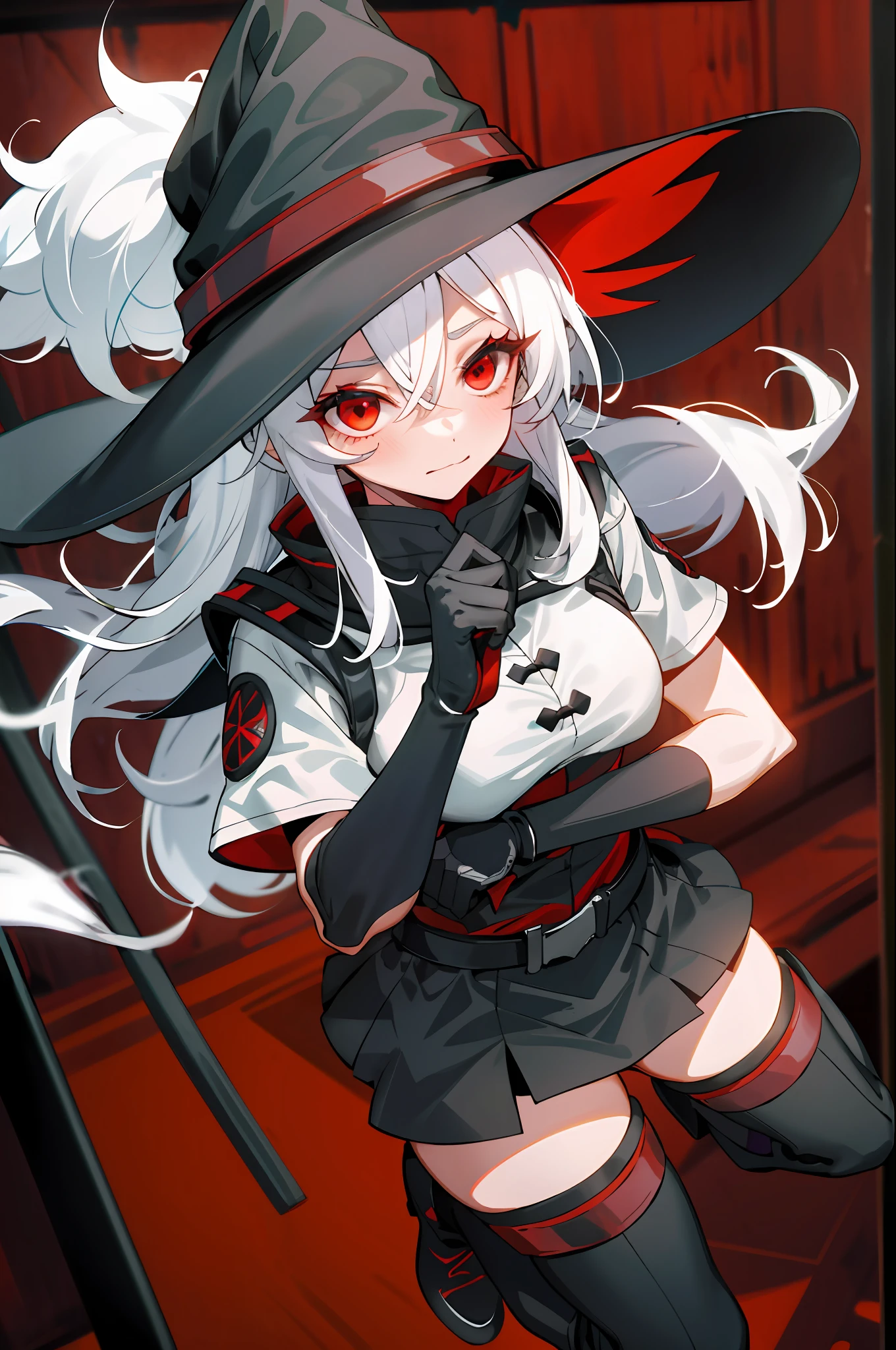 Masterpiece, Best Quality, Absurdity, 1 Girl, White Hair, Black Witch Hat, Black Witch Clothes, Black Gloves, Black Gazoo Boots, Red Eyes, Redness, Embarrassed Expression, Cabin Background