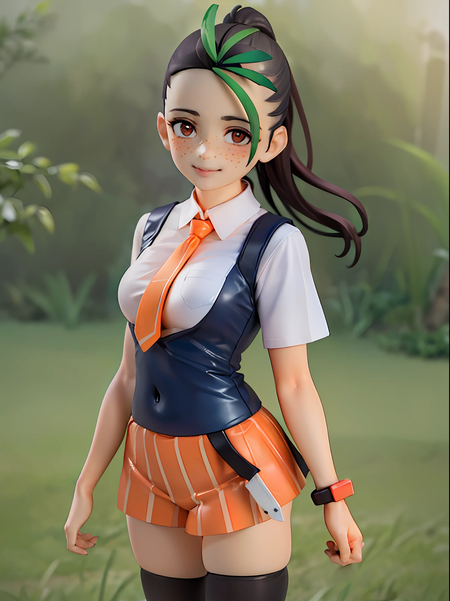 nemona \(pokemon\), white collared shirt, orange necktie, orange shorts, black pantyhose, white border, outside border, freckles, on grass,sunlight,hand up,evil smile
full body, chibi, [realistic], [3d], (3dcg), ((octane render)), smile, closed mouth,
(8k, RAW photo, best quality, masterpiece:1.2), ultra high res, (((realistic, photo-realistic))), professional lighting, detailed lighting, professional photography, dynamic angle, high quality, high res, extremely detailed, bloom
,
depth of field, sketch, sharp focus, soft lighting, good composition, god light highlight, detailed, (((photorealistic details))), detailed skin, to8contrast style