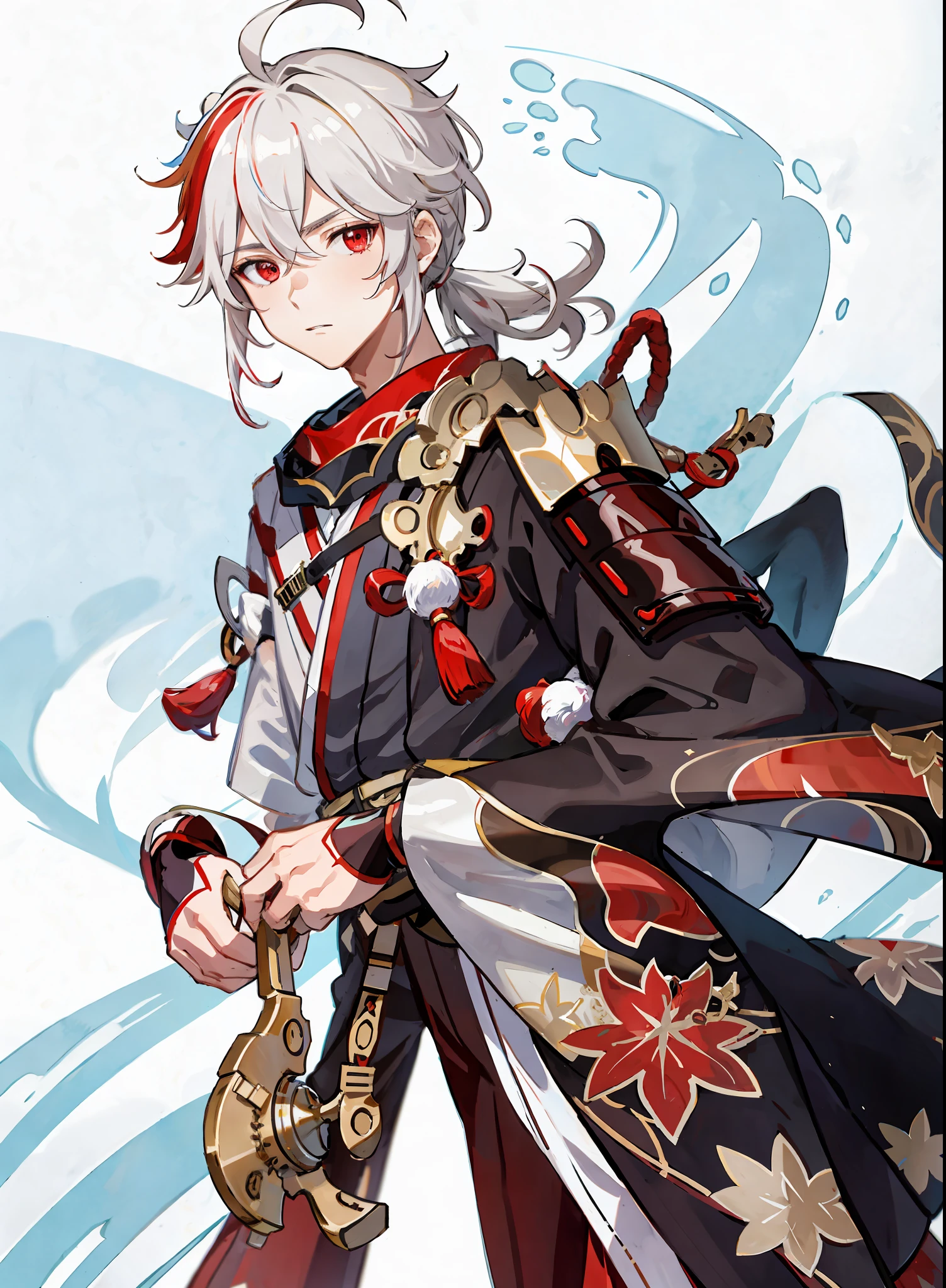 masterpiece, best quality, kaedehara kazuha, male focus, 1boy, solo, red eyes, bangs, multicolored hair, japanese clothes, streaked hair, red hair, hair between eyes, weapon, sword, armor, japanese armor, white hair, closed mouth, ponytail, outdoors, tassel, looking at viewer