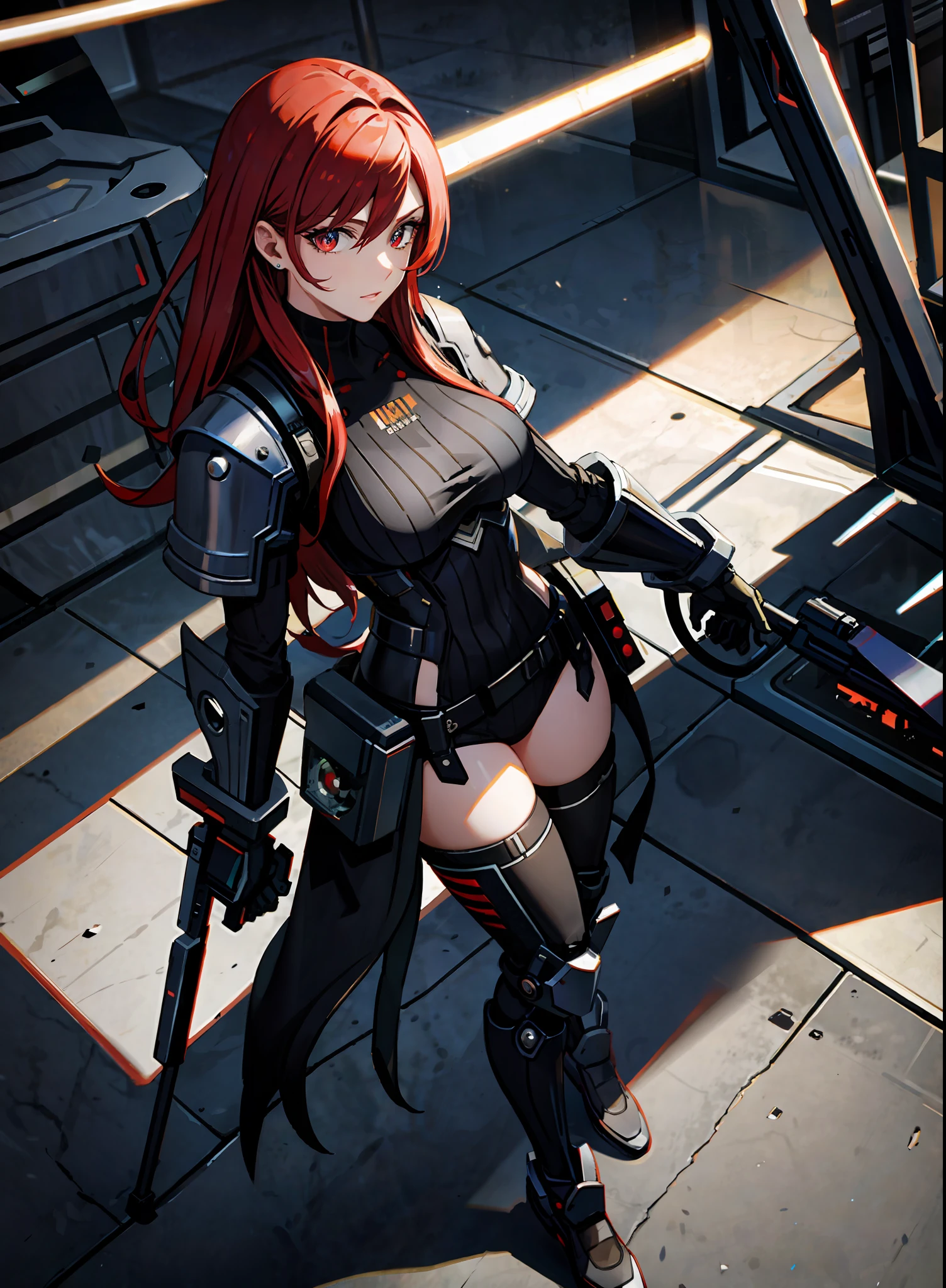 ((masterpiece, best quality;1.3)), ultra detailed, 8k unity wallpapers, CG, illustration, colorful, cinematic shadow, extremely detailed and beautiful background, wide-angle lens, ((solo, 1girl, mature female)), red eyes, extremely detailed and beautiful face, extremely detailed and beautiful eyes, head gear, red hair, long hair, medium breasts, rain, cyberpunk city, cyberpunk armor