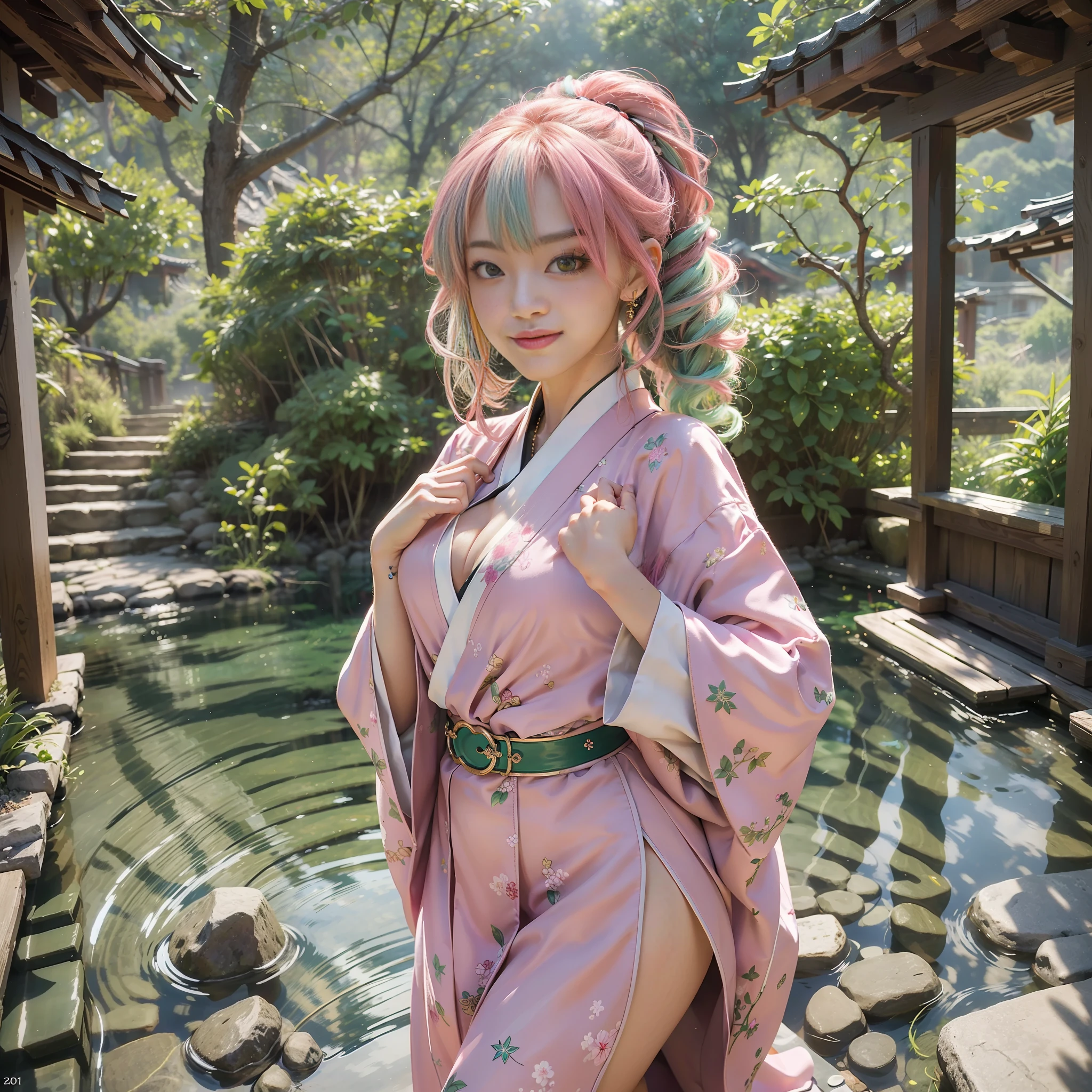 (masterpiece), (best quality), 8k resolution, ultra-detailed, hyper-detailed, realistic, photograph, photorealism, (1girl), at the Japan traditional village, beautiful girl, Mitsuri Kanroji, stunning beauty, stand, cool pose, sexy, cinematic light, pink and green hair, happy, smile