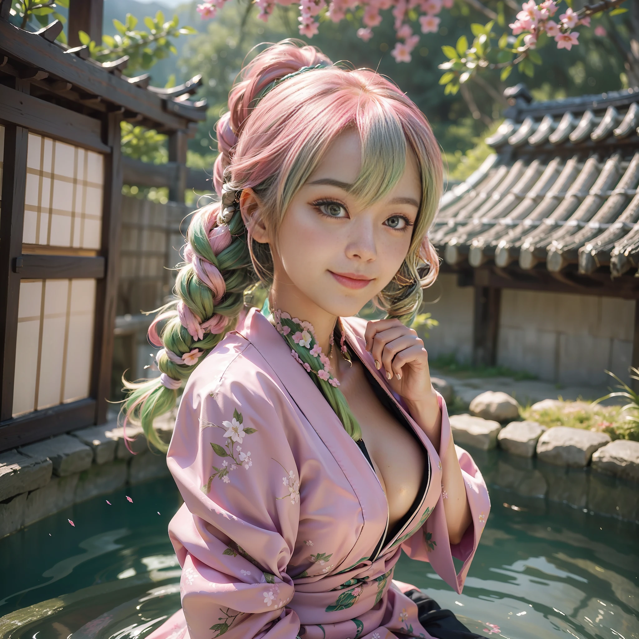 (masterpiece), (best quality), 8k resolution, ultra-detailed, hyper-detailed, realistic, photograph, photorealism, (1girl), at the Japan traditional village, beautiful girl, Mitsuri Kanroji, stunning beauty, stand, cool pose, sexy, cinematic light, pink and green hair, happy, smile