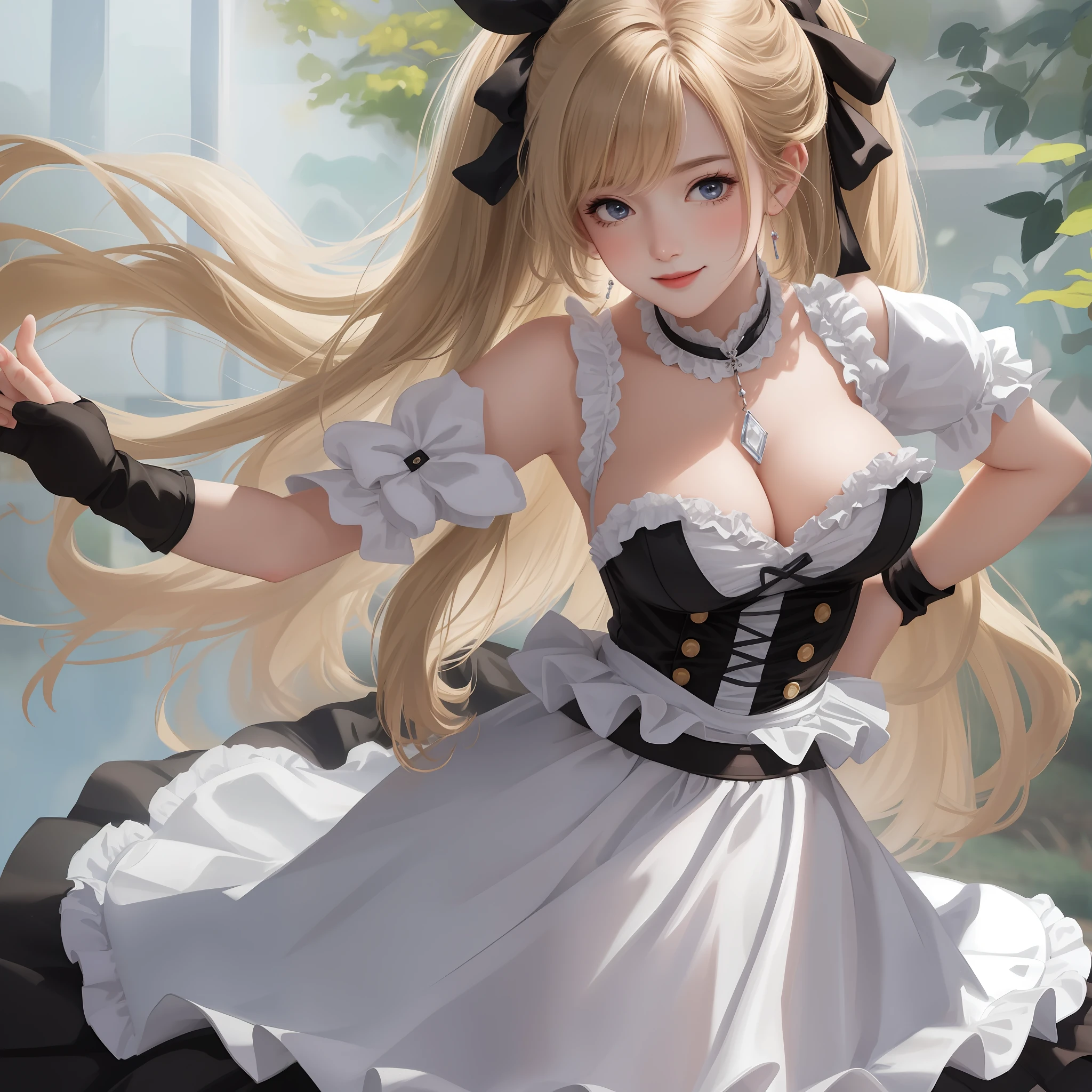 Masterpiece, solo, high detail, super detail, super high res, (photorealistic: 1.333), (highest quality), (best shadow), detailed, perfect lighting, 1girl, Perfect proportions, Perfect anatomy, Close-up of face, princess eyes, bright blonde hair, shinny skin, thin and slender waist, missy hair, wide hips, portrait, black and white maid costume with garter belt, 18 years old, big breasted, smiling gentry, Bending forward, leaning forward, blushing, Looking into the viewer, walking in nature, Facial close-up