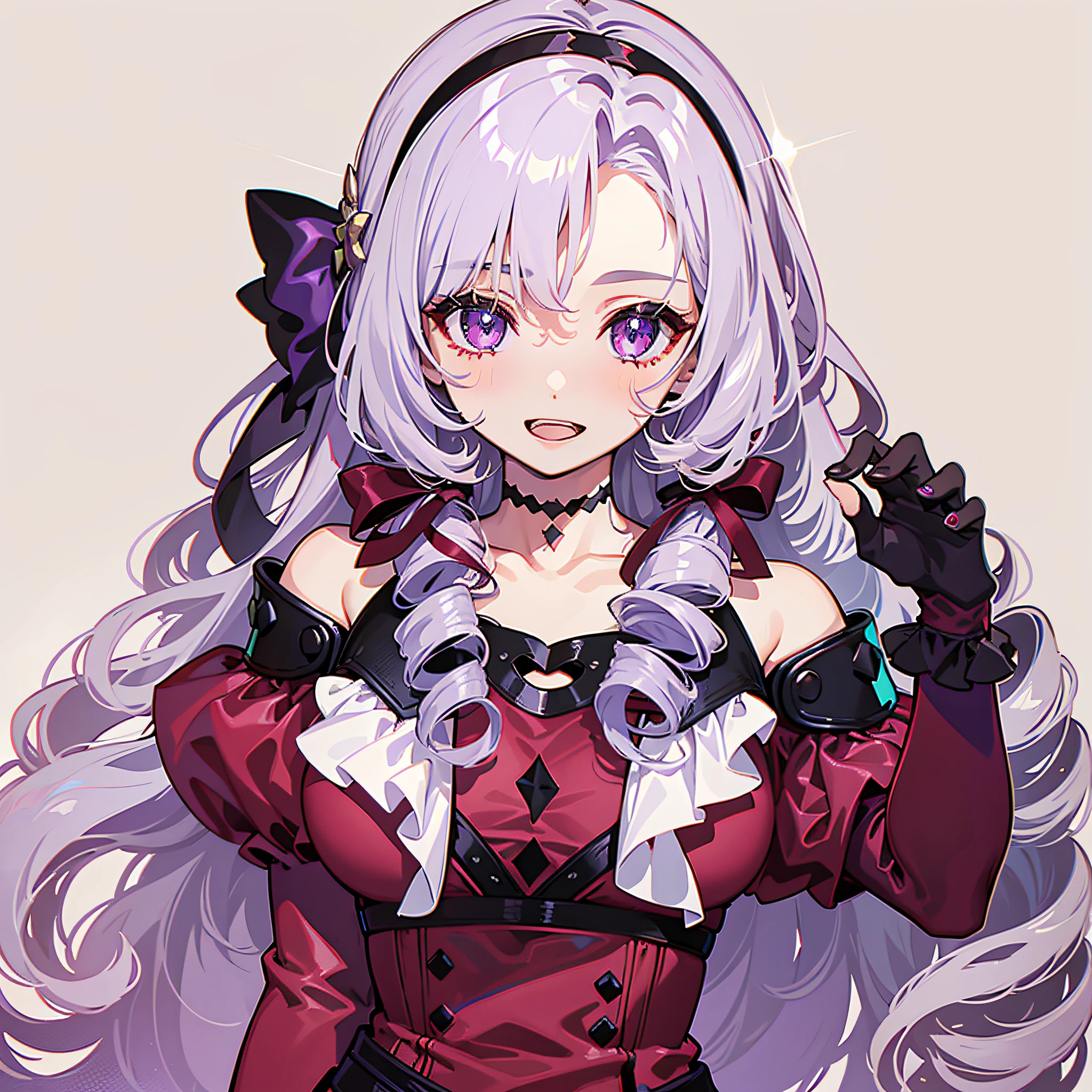 Solo, Long hair, Chest, Drill hair, Twin Drill, Gloves, Dress, Purple eyes, Eye stars, Garter straps, Red dress, Hair band, Look at viewer, Smile, White background, Purple hair, Cleavage, Bangs, Black gloves, Tattoo on chest, Ribbon, Bare shoulders, Blushing, Simple background, Open mouth, Purple hair ribbon on the right side, Lilac hair, long sleeves, detached sleeves, off-shoulder dress, nail ring, black hair band, off-shoulder, collarbone, parted bangs, masterpiece, top quality, photorealistic, 3D, shiny_skin, shiny_hair, dynamic angles, beautiful detailed shine, HDR, Rembrandt lighting, colorful refraction, lens flare, bloom, film reflection, chromatic aberration, light diffusion, public obscenity, cowboy shot, deep meaning, physically based rendering, bright, vibrant, complex,