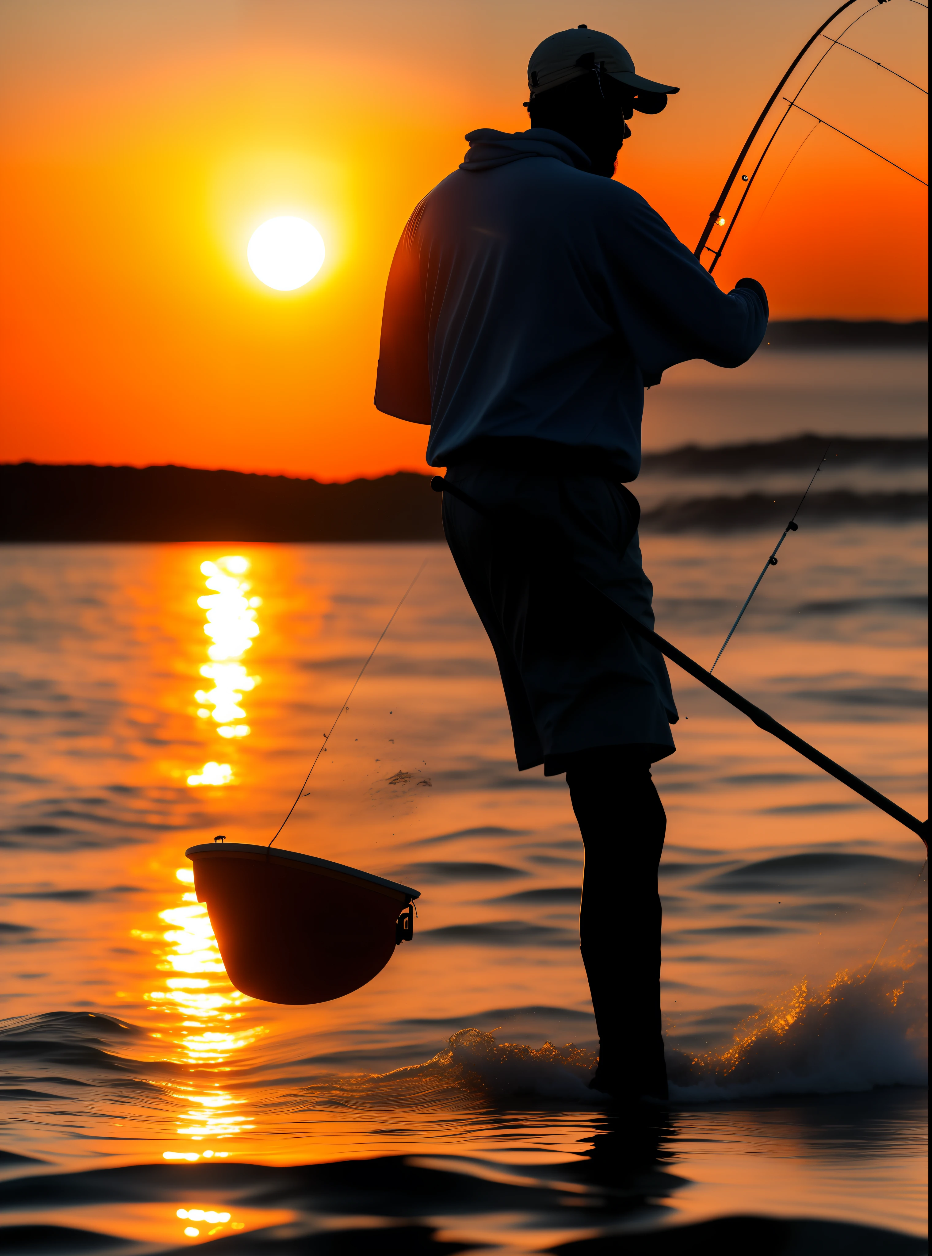 araffe fishing in the ocean at sunset with a fishing rod, fisherman, fishing, sun set, photo shot, end of the day, bottom angle, sun setting, winning photo, setting sun, sun rising, beautiful photo, morning golden hour, sun behind him, photo still, summer setting, as the sun sets on the horizon, sun rise, an amazing photo