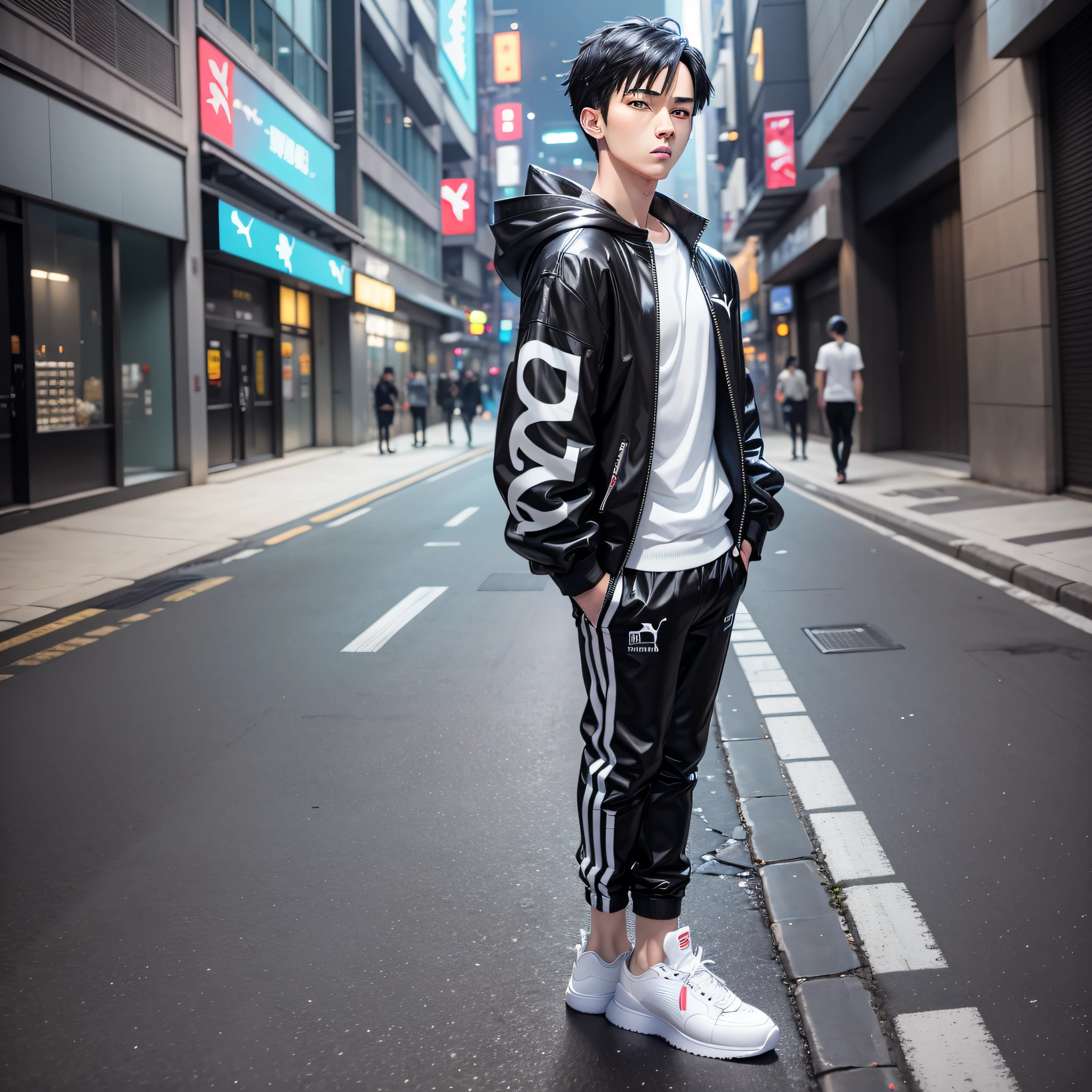 Anime character white skin and male and futuristic 4k straight black color hair with PUMA outfit and black classic puma suede sneakers on an osaka street at night --auto --s2