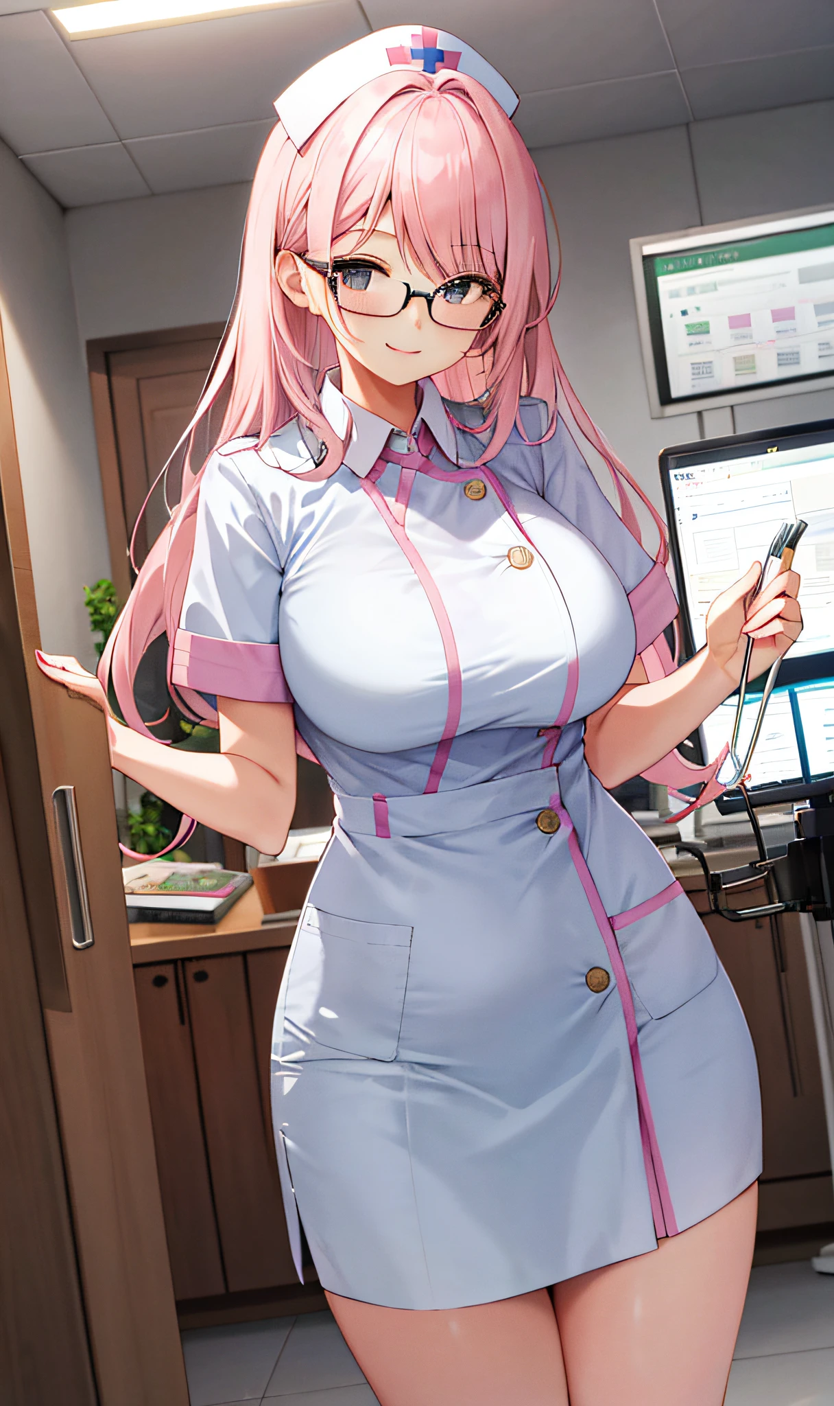 (1girl), light pink hair, open-chest seduction, female nurse, bangs, big breasts, glasses lady, (full), slim, smile, [wide buttocks], hospital, standing, aru \ (blue file), 8K picture quality, big beauty
