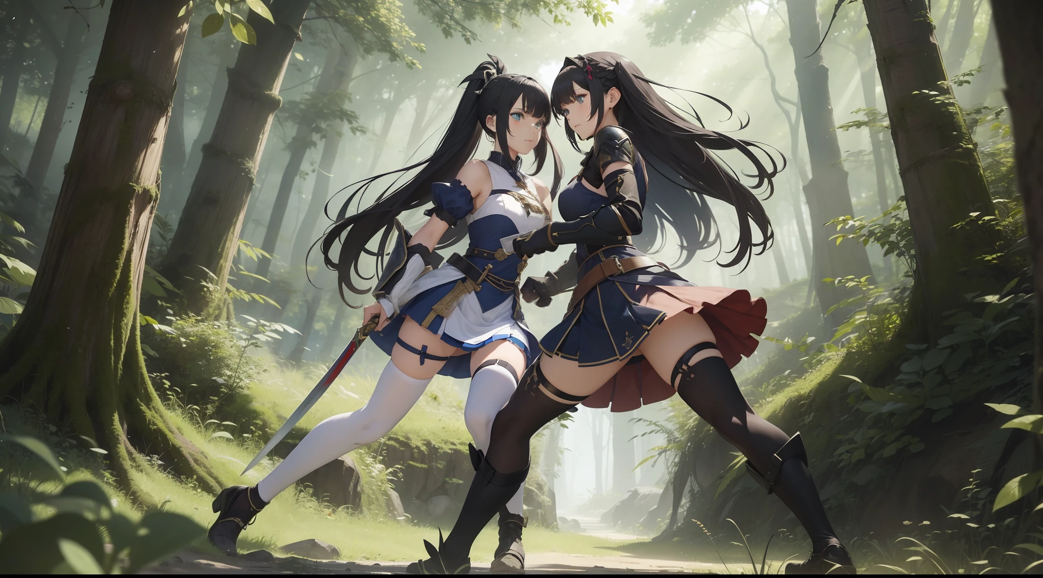 Full body shot from head to feet of Atelier character. The background set in a deep forest. Two different female character, engaged in close combat duel, clashing with their short sword on right hand, not looking, eyes to opponent. The fight is intense and deadly, as one of them is defeated. The victor looks resolute and determined to end the match. Both characters have different long hairstyle, wear short dress armor with long gloves. The skirt is also a prominent feature of their attire, complemented by black thigh-high stockings.