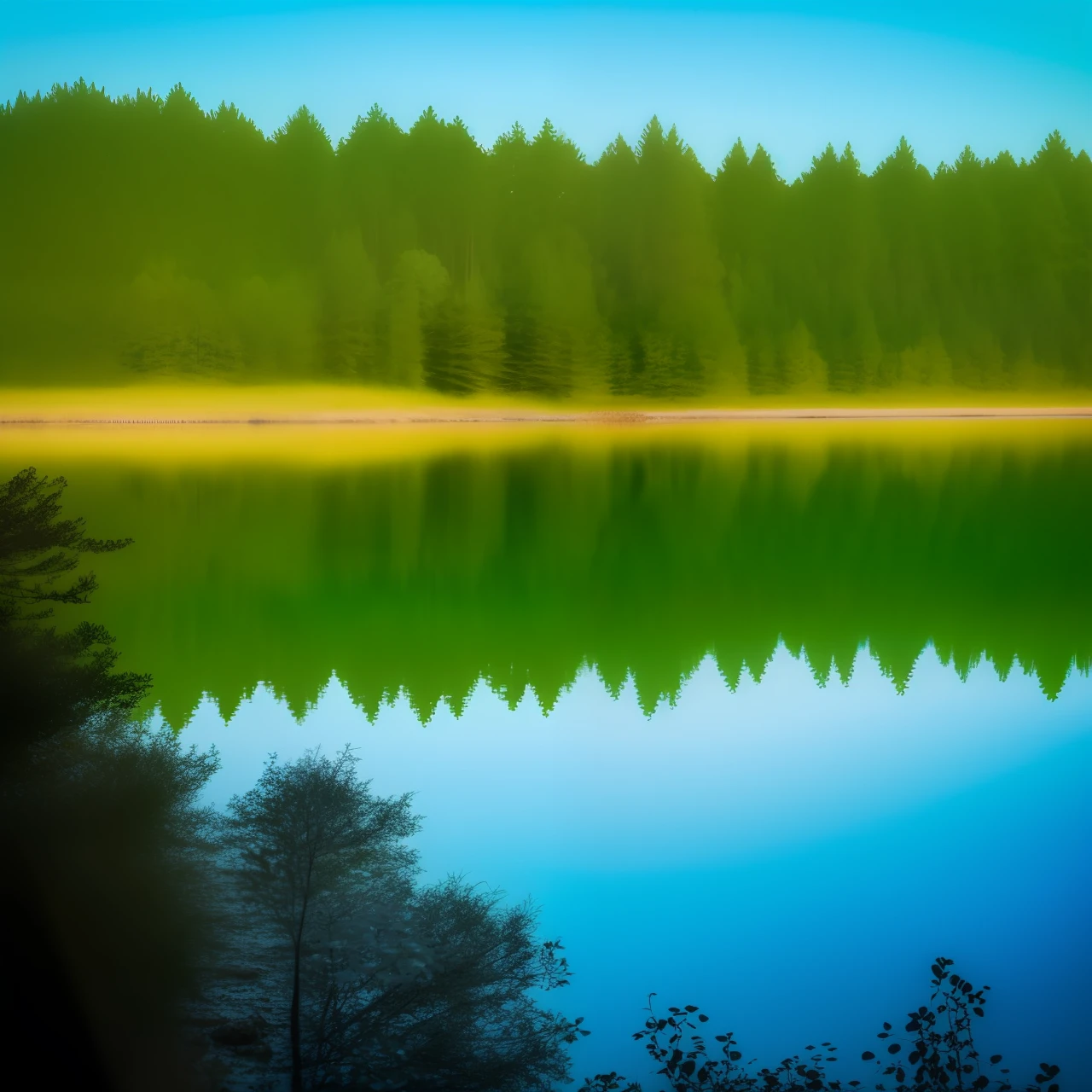 Lake, quiet, calm water, sun just came out, dreamy, tree reflection in the water