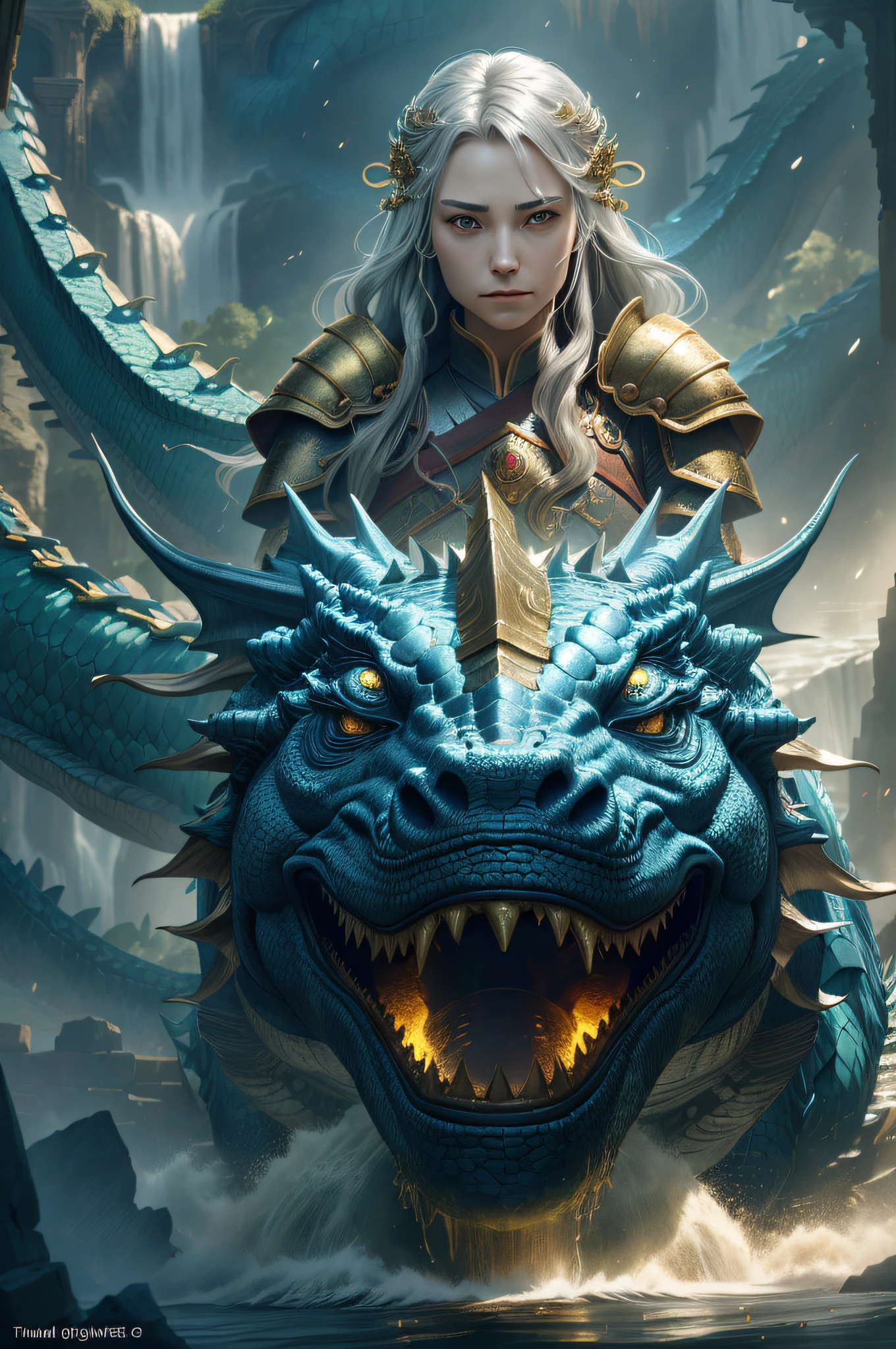 ((((Pretty girl in front of the dragon 1, Armor)))), (((Golden Giant Dragon 1:1.6, (Silvery long hair), hair between the eyes,))), (Dragon with an elongated neck and huge wings behind the girl)), very detailed CG Unity 8K wallpaper), (Best Quality: 1.2), (High Resolution), (Illustration: 1.1), (Cinematic Light: 1.1), fine-grained, Intricate detail, (((best illustration)), 8K resolution, intricate detail, highest quality, realistic feeling, ultra detail, best illumination, best shadow, best shadow, UltraHD, Cryengine, detailed reflection, detailed shadow, ((Complex detail)))), smooth, (Perfect shading))), high quality metal texture, metallic gloss, Highly detailed illustrations, (semi-realistic: 1.6), (wide shot: 1.2), (from below, Dutch angle), (beautiful eyes in detail: 1.1), (lifelike body: 1.2), viewer view, ((Golden Giant Dragon: 1.6)), (glowing eyes\[eye magic square [yellow\]), (long silver hair), hairs between eyes, Sigma 135mm lens, ((( Huge Waterfall Background)), Dynamic Camera Angles, (Warzone), (High Quality Detailed Ruins)), (Depth of Field), (Cinematic Lighting)), ((Horror)), ((Dark Fantasy)), Lovecraftchan, Spot Color, Splash Blood, (Best Illumination), (Very Complex Detail), (Ultra Detail)), 4K Unity, ( Highly Detailed CG:1.2), (8k:1.1), (Landscape), Art Station, ((Sui Ishida, Wen Jun Lin, Stefan Morel)), Dystopian Art, Apocalypse Art, (Semi-Realism), (Dynamic), (nixeu_basic 2:0.5)
