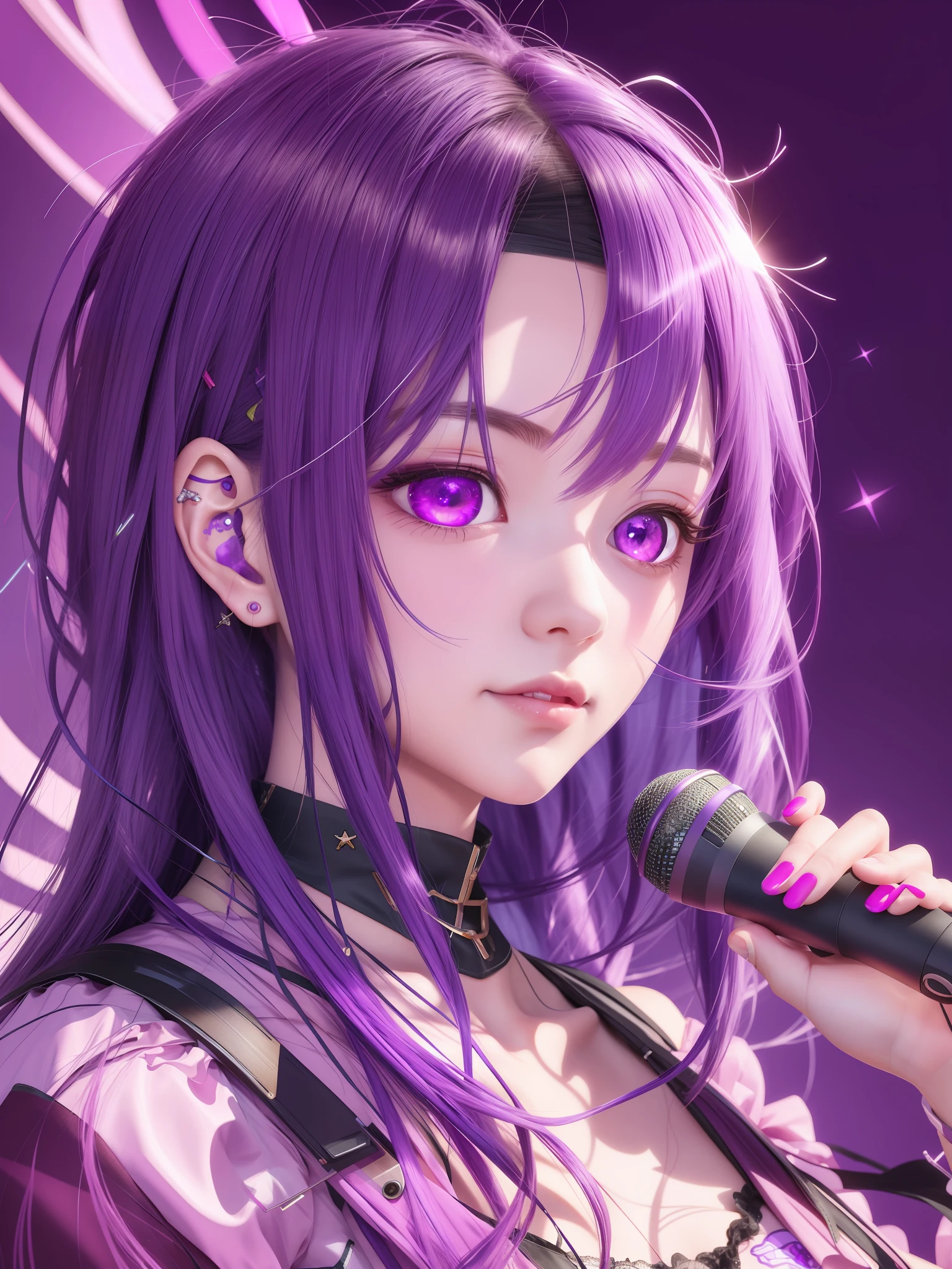 anime girl with purple hair and purple eyes holding a microphone, anime moe artstyle, anime style 4 k, nightcore, beautiful anime portrait, detailed digital anime art, anime art wallpaper 8 k, realistic anime artstyle, detailed portrait of anime girl, anime art wallpaper 4 k, anime art wallpaper 4k, anime style portrait, portrait anime girl