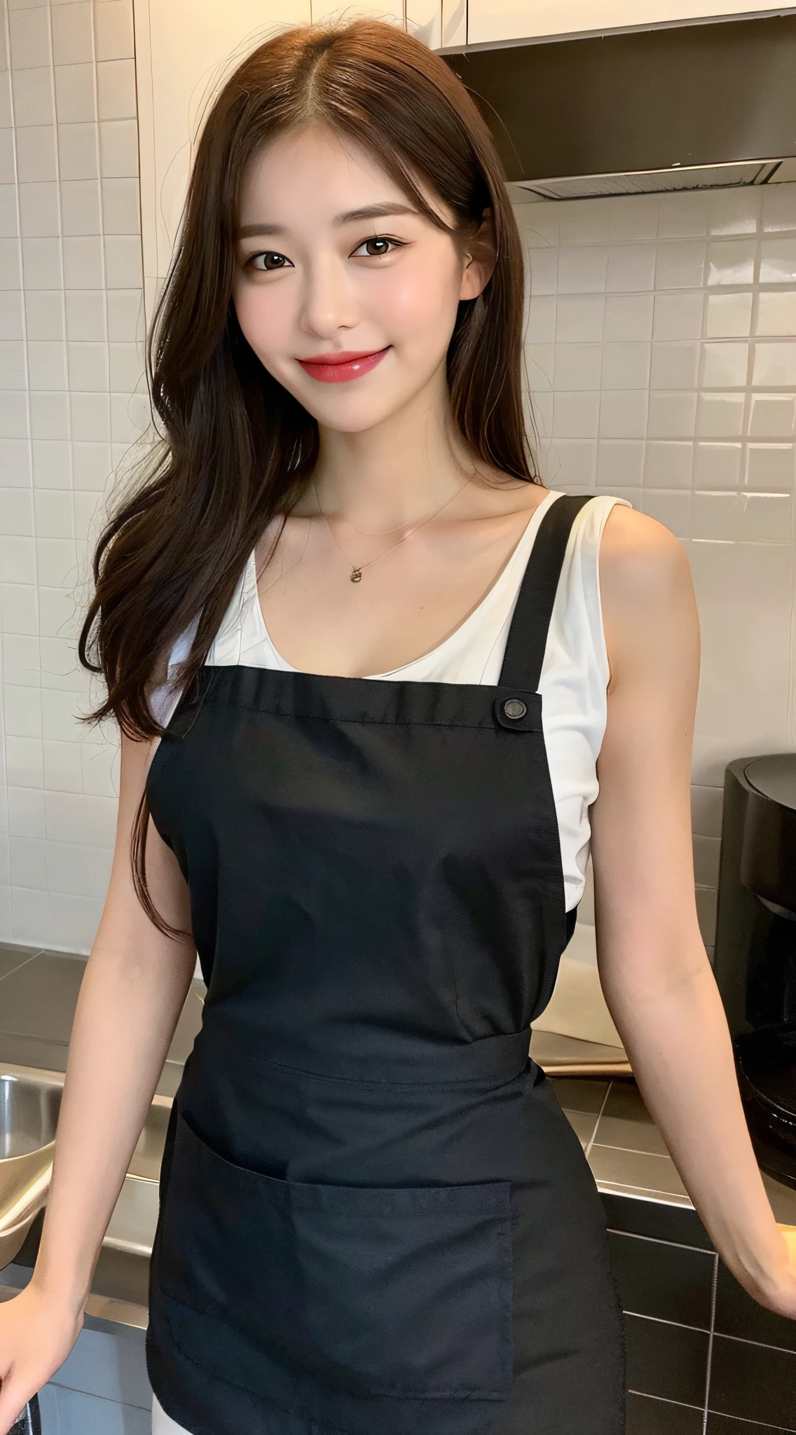 (Best quality, 8k, masterpiece: 1.3), a beautiful woman with perfect figure: 1.4, dark brown hair, wearing a pendant, wearing an apron, in the kitchen, highly detailed face and skin, detailed eyes, double eyelids, big breasts, smile