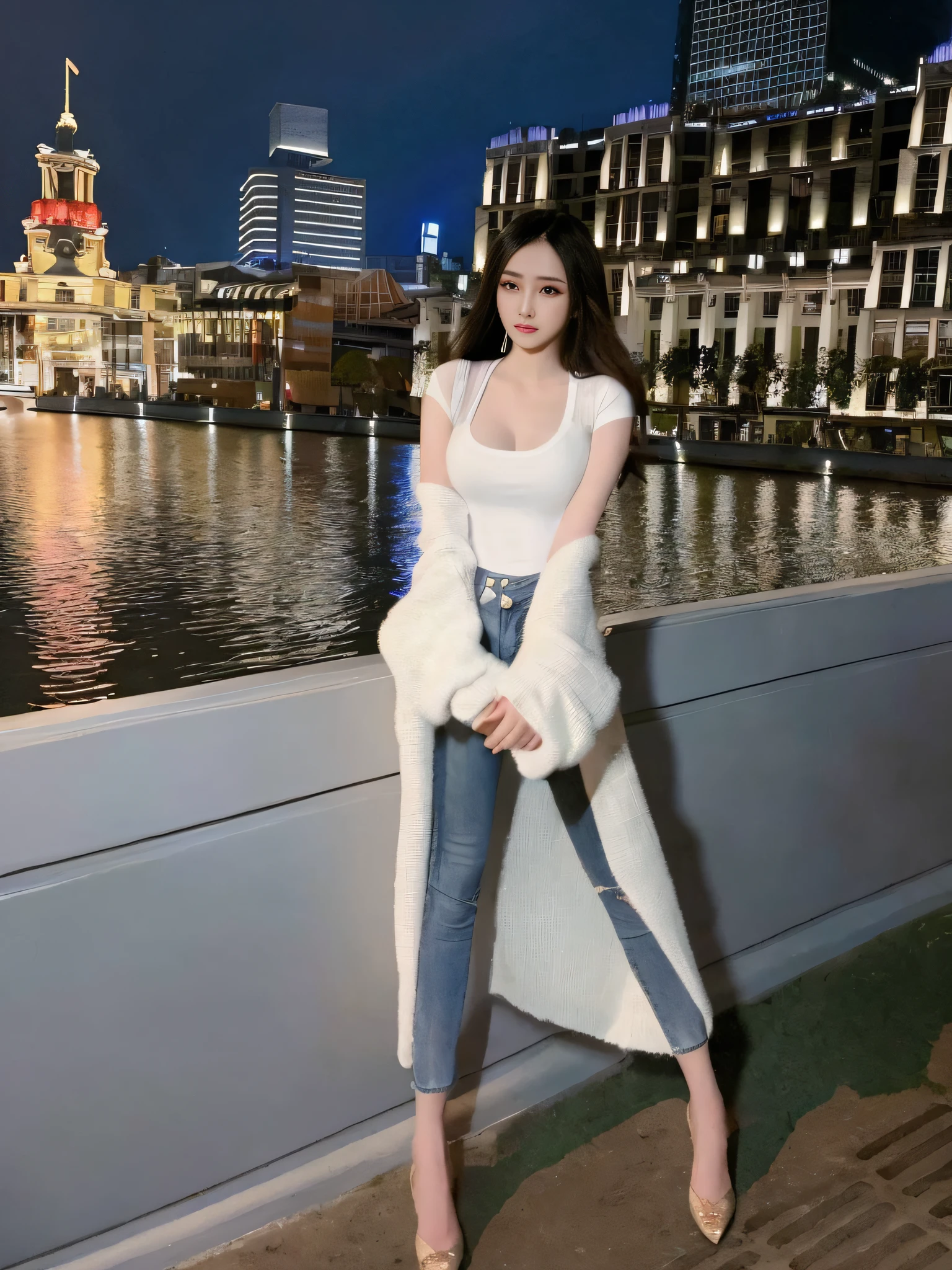 araffe woman in white top and jeans posing by a river, smooth white tight clothes suit, full body xianxia, xision wu, xintong chen, skinny waist and thick hips, wenfei ye, trending at cgstation, dilraba dilmurat, full body cute young lady, gorgeous chinese model, open v chest clothes