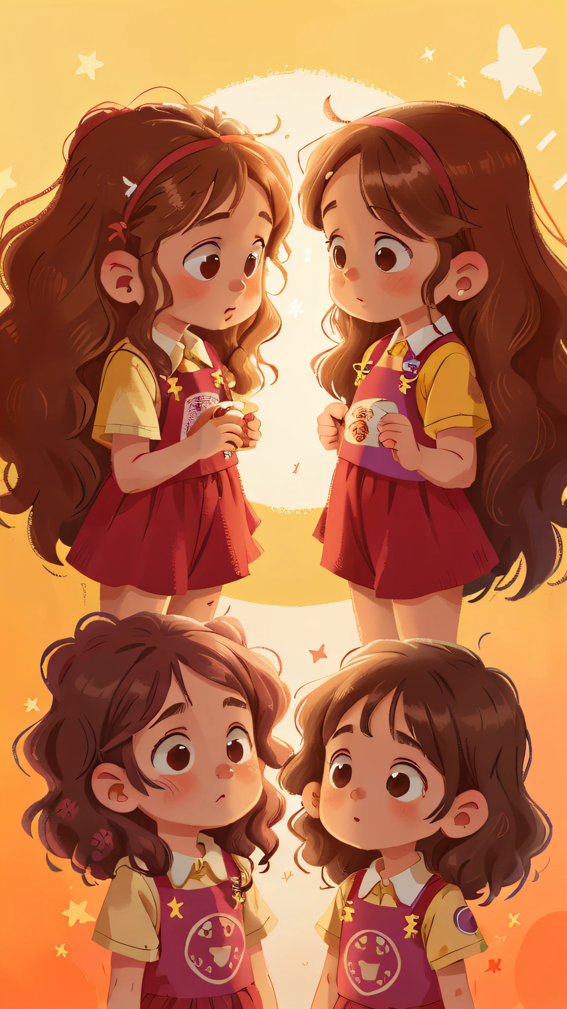 Two girls, twins, curly brown hair, one petting the other twin's hair
