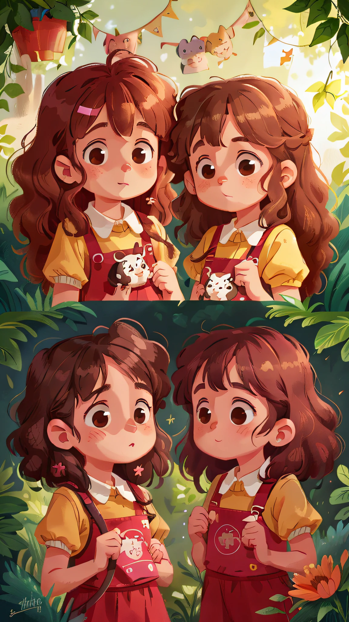 Two girls, twins, curly brown hair, one petting the other twin's hair