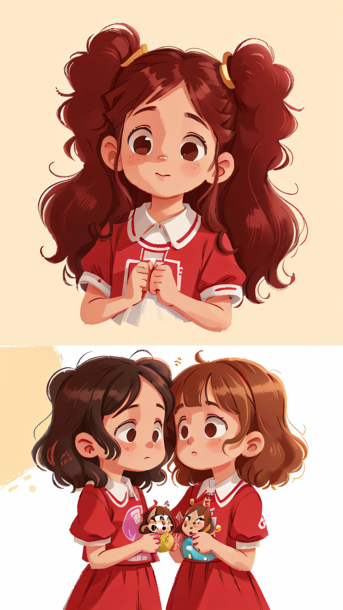 Two girls, twins, curly brown hair, one petting the other twin's hair