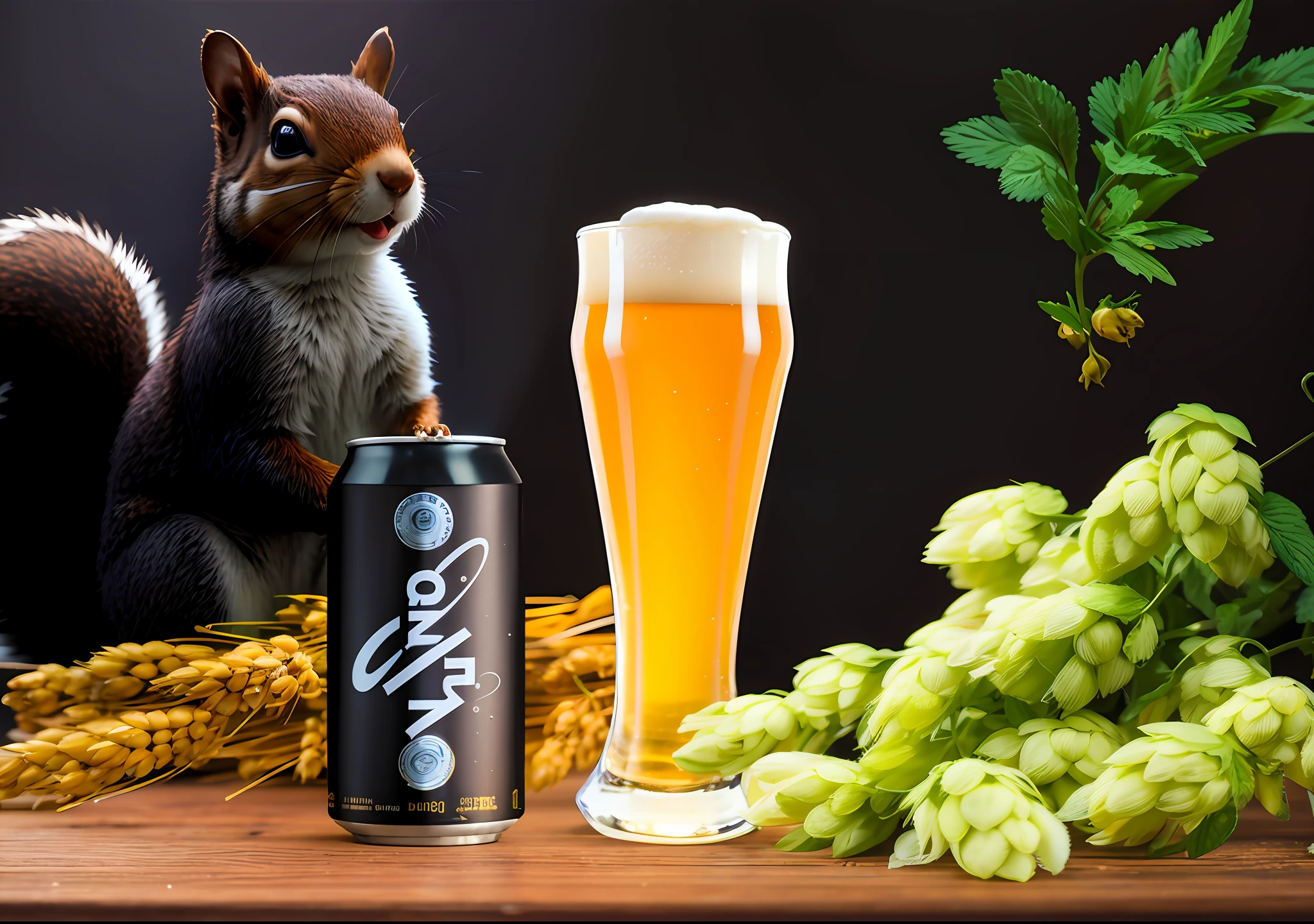 1 cute squirrel, (a glass of beer and a can of beer), barley, hops, on dark old plank, tall beer glass, black background, close-up of a glass of beer on a wooden board, dark background, realistic, detailed bubbles in beer, detailed beer foam, transparent beer, atmospheric light refraction, shot by lee jeffries, Nikon d850 film stock photo 4 Kodak Portra 400 camera f1.6 lens, rich colors, ultra-realistic realistic textures, dramatic lighting ,unreal engine trending on artstation cinestill 800,Style-Glass