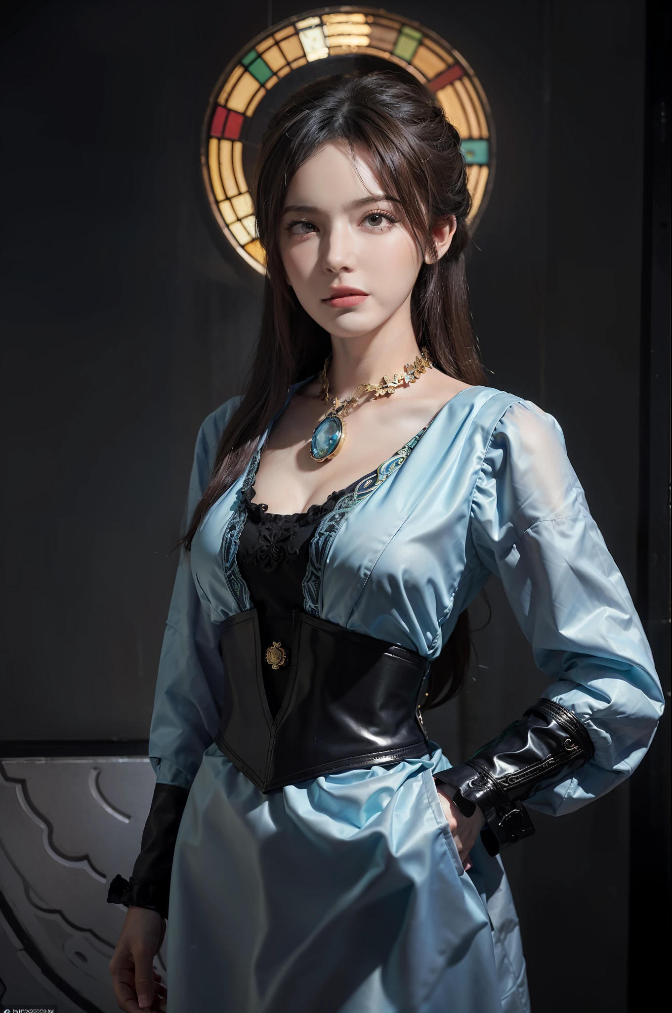 Hyperrealist portrait of female by david hockney and alphonse mucha,fantasy art, photo realistic, dynamic lighting, artstation, poster, volumetric lighting, very detailed faces, 4 k, award winning,, 1girl, in the dark, deep shadow, low key,cowboy shot,(official clothing:1.4) ,long hair,white hair,