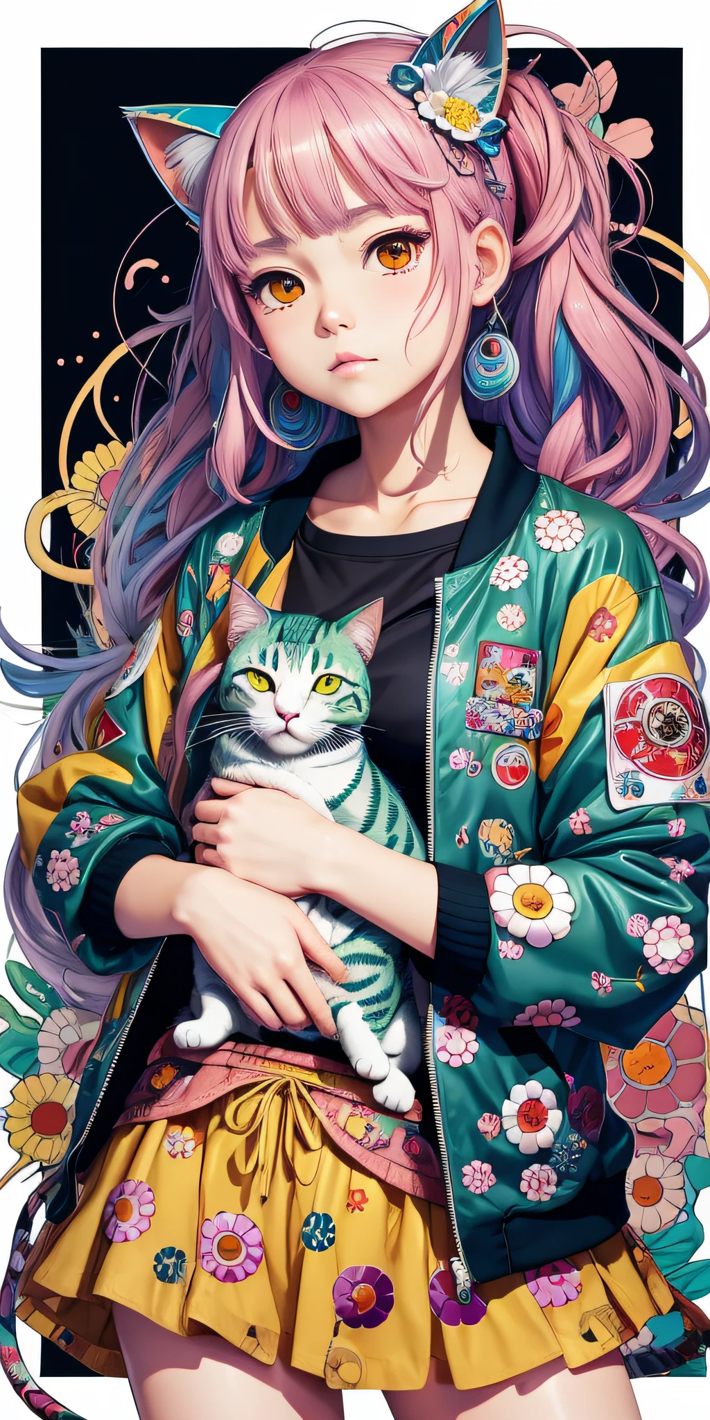 , liquid skin anime girl topper with cat, highly detailed, cel shading, art, shibuya fashion, harajuku fashion, mocha, frida kahlo, bright floral oversized sukagan bomber jacket, trends pixiv, title, logo labels, badges, graphic design Art by Miyazaki Hai Takashi Murakami Oda Ichirō