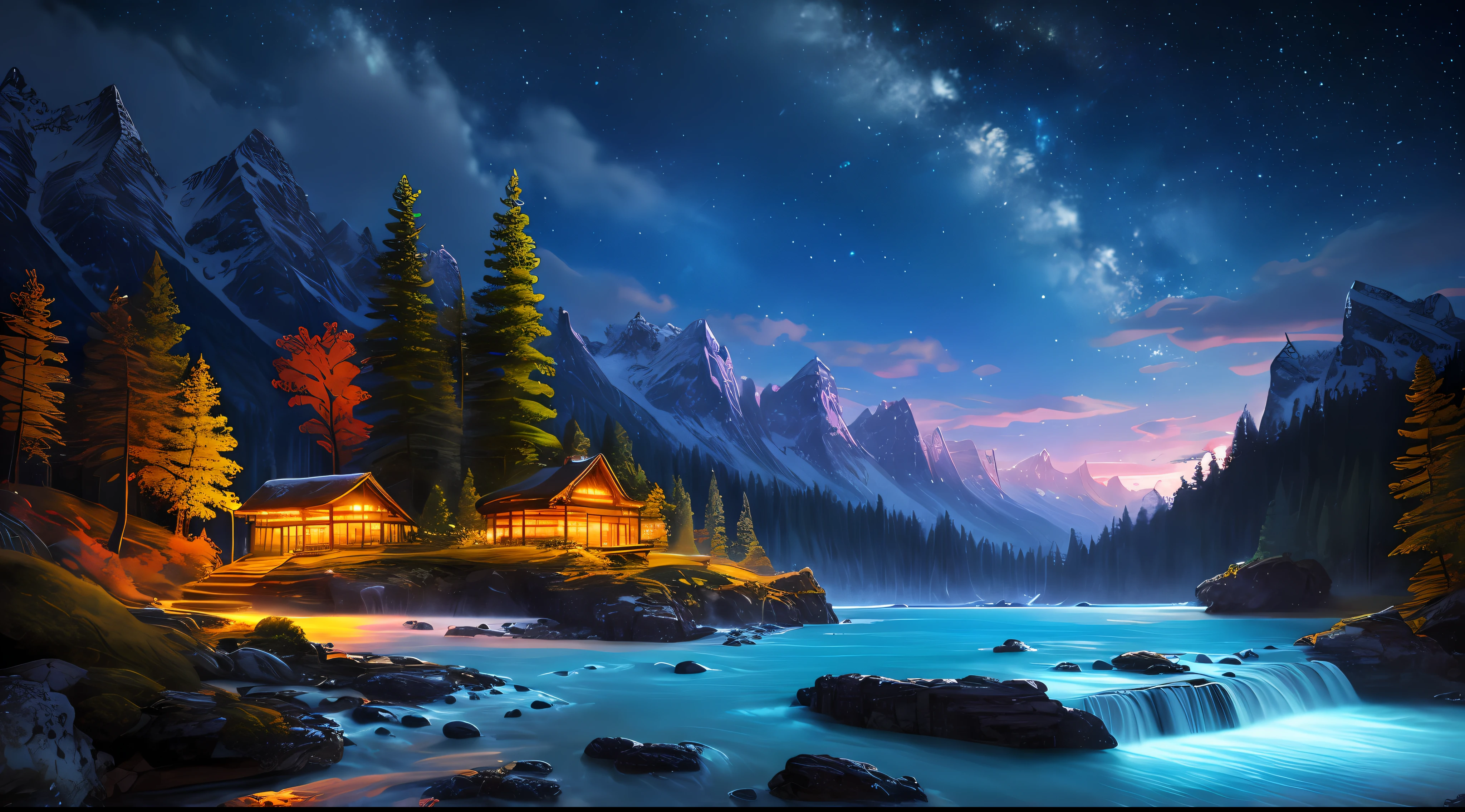 best quality, masterpiece, beautiful wild and natural fantasy landscape with glowing lights