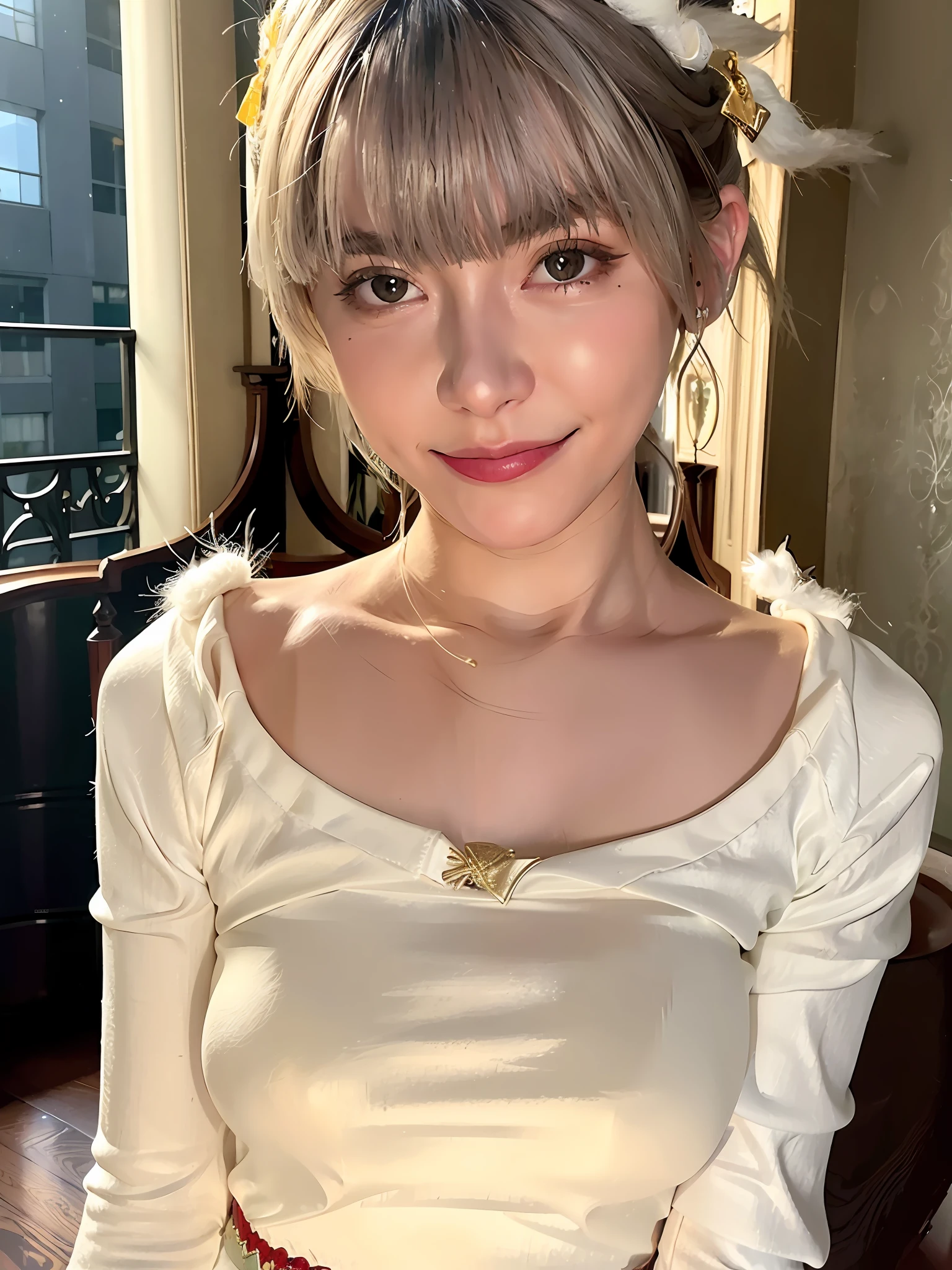 Full body, white hair, ((Dragoon: 1.2)), blunt head, masterpiece, best quality, official art, very detailed CG unity 8k wallpaper, 1 girl, super high resolution, (realism: 1.4), gold Slot Lighting, Sweater Dress, (Upper Body), (Baby Sal: 1), (Platinum Short Hair: 0.8), ((Puffy Eyes)), Looking at Viewer, Facing Front, Smiling, Laughing, Medium Breasts, Top, gloves, short hair,