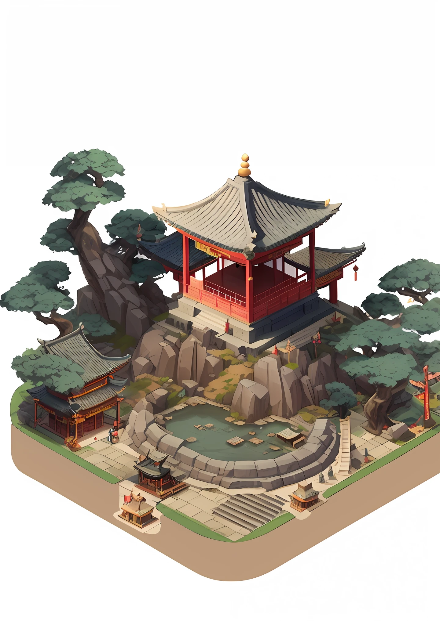 Close-up of a small building with a pagoda on it, digital painting of the pagoda, dojo on the mountain, beautiful rendering of the Tang Dynasty, ancient city landscape, environmental design illustration, isometric game art, Chinese architecture, ancient temple, isometric game asset, isometric palace, depicting the background of the temple, minimalist style