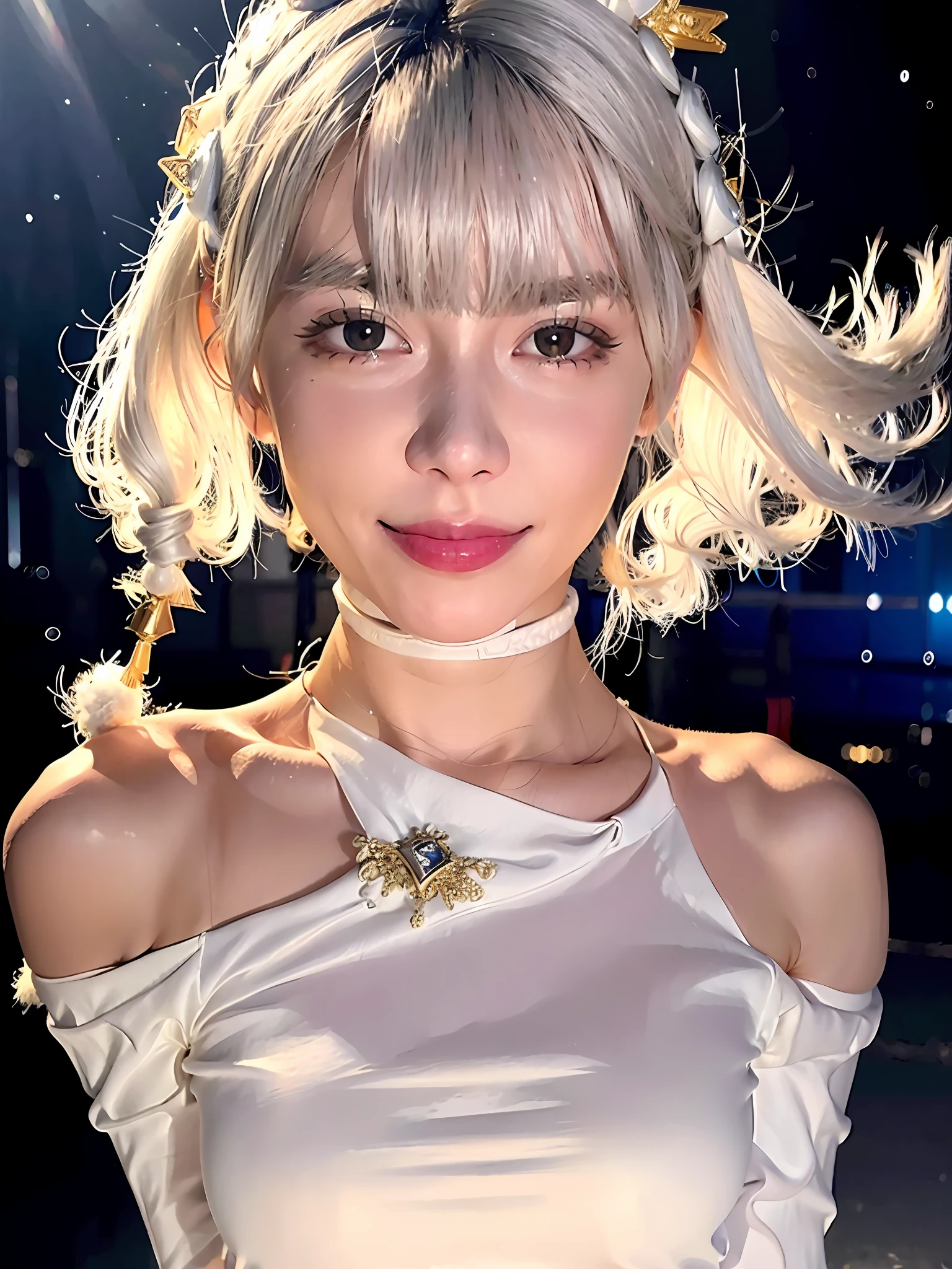 Full body, white hair, ((Dragoon: 1.2)), blunt head, masterpiece, best quality, official art, very detailed CG unity 8k wallpaper, 1 girl, super high resolution, (realism: 1.4), gold Slot Lighting, Sweater Dress, (Upper Body), (Baby Sal: 1), (Platinum Short Hair: 0.8), ((Puffy Eyes)), Looking at Viewer, Facing Front, Smiling, Laughing, Medium Breasts, Top, gloves, short hair,