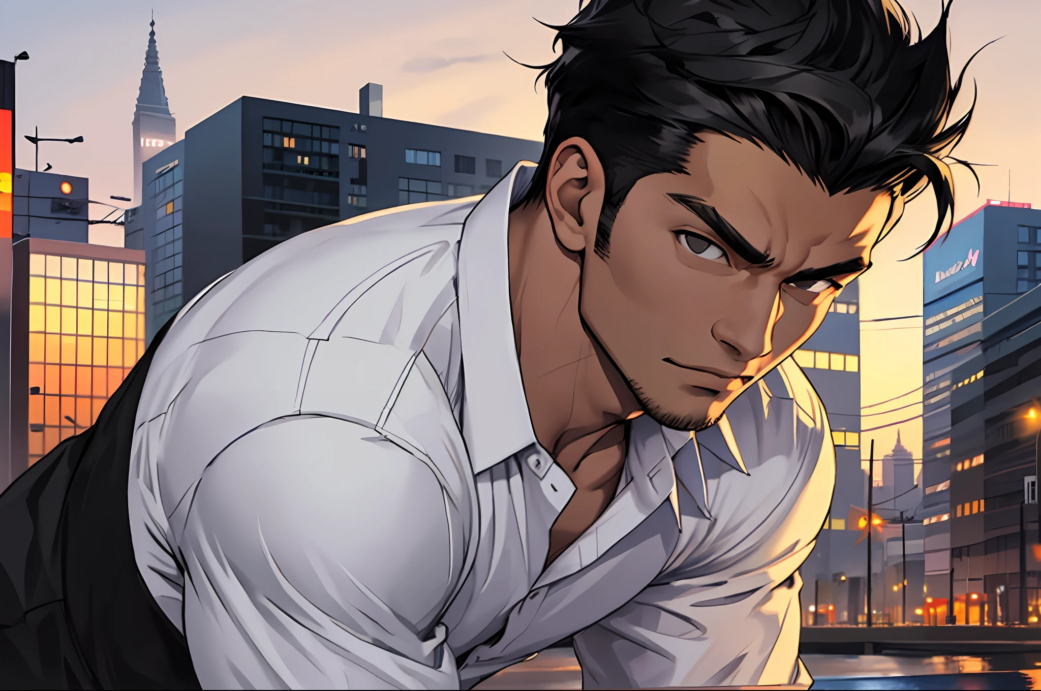 1man,masterpiece,best quality,dusk,cityscape,black hair,muscular male,white shirt,detailed eyes, (black eyes:1.2),