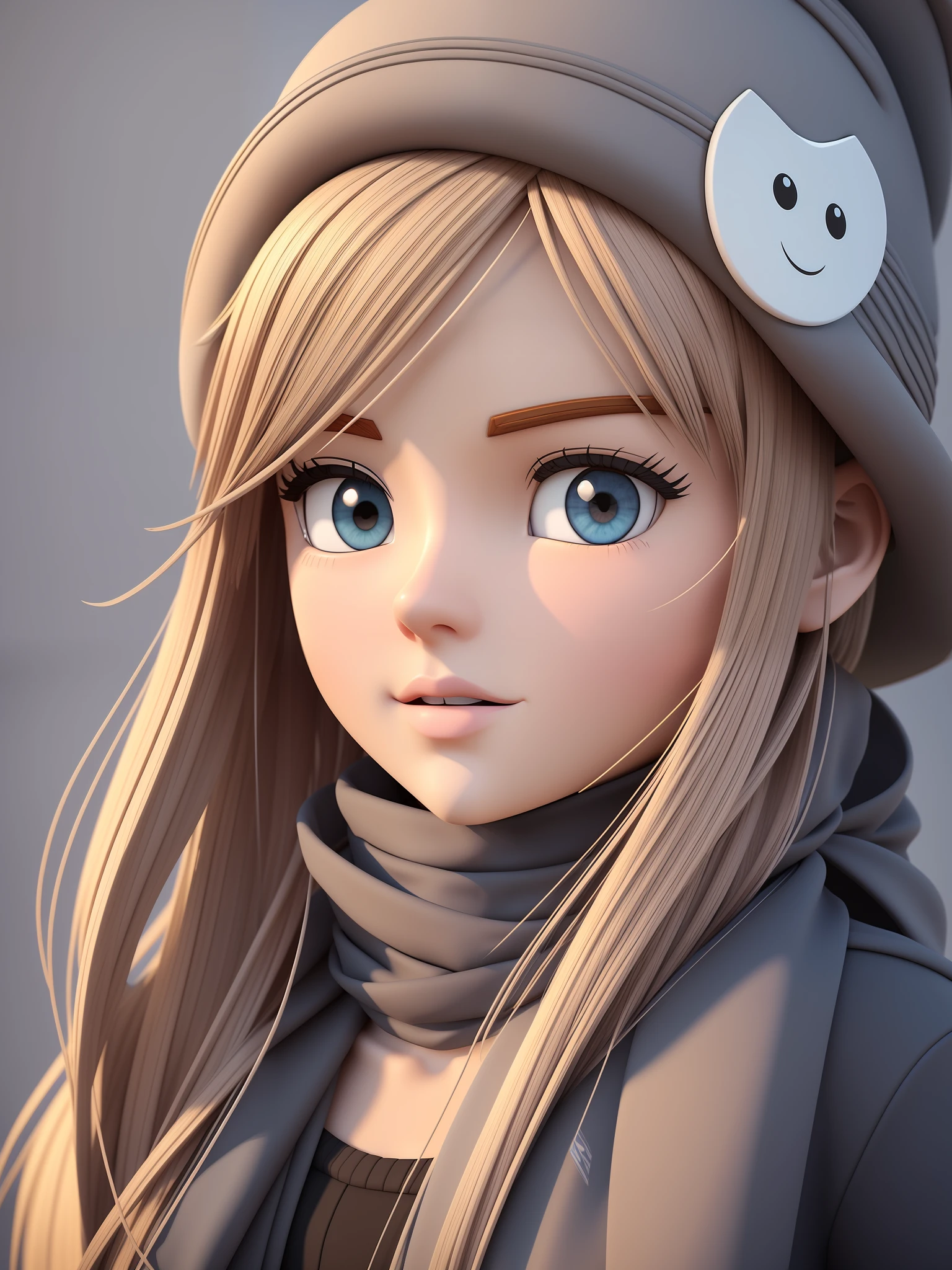 girl, a closeup of a cartoon character wearing a hat and scarf, stylized character, animated character, stylized 3d render, 3d character, highly detailed character, stylized anime, stylized 3d, render character, character model