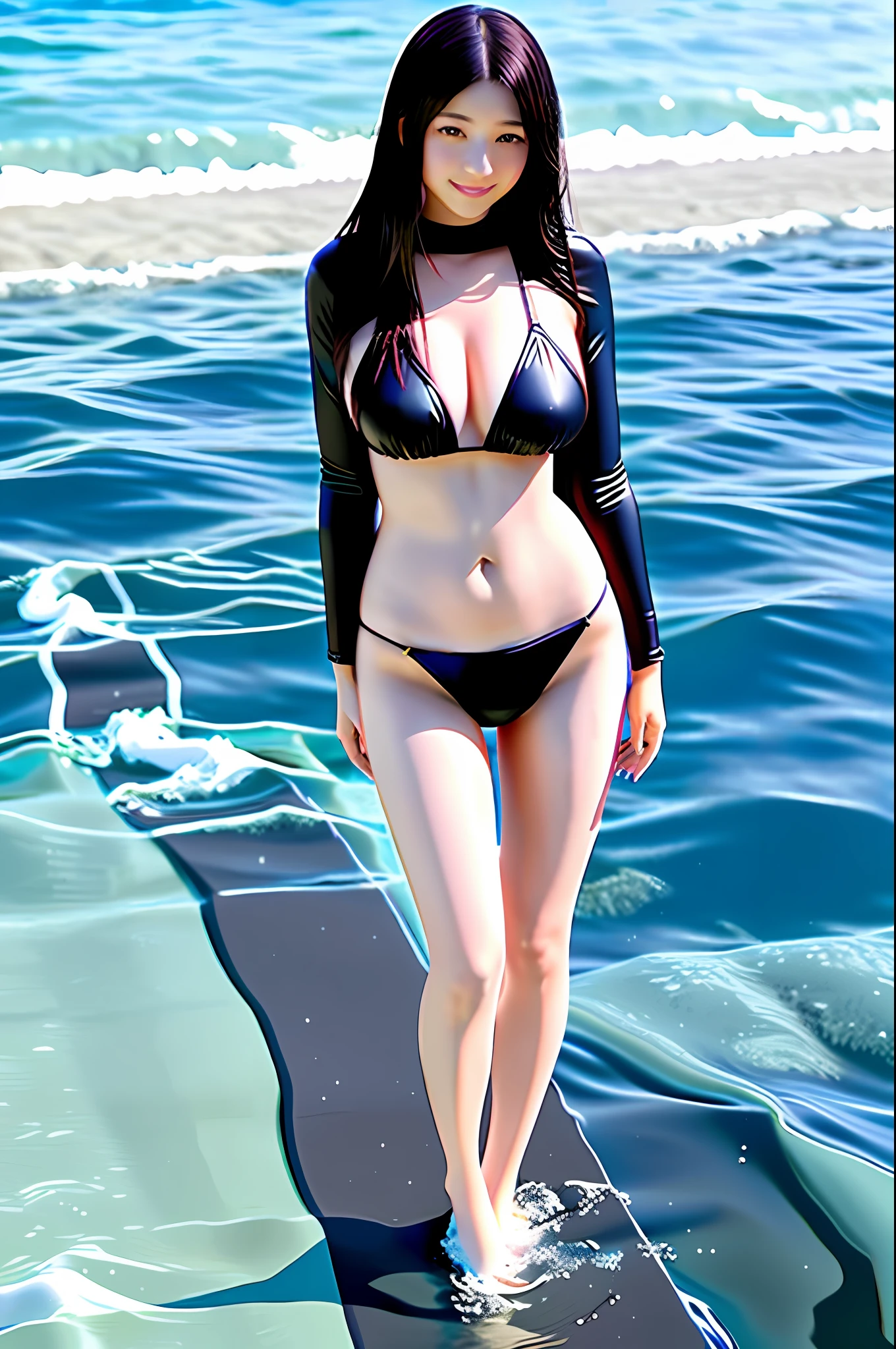 Photo, Best Quality, Masterpiece, Super Resolution, (Photoreal: 1.4), ung Caucasian girl, 18 years old, beautiful face, smile, long black hair, (((huge bust))), tall, long legs, Standing up, black bikini swimsuit, famous Japanese actress, very beautiful, 8k, full body, sea, beach, ((((((even body))))))
